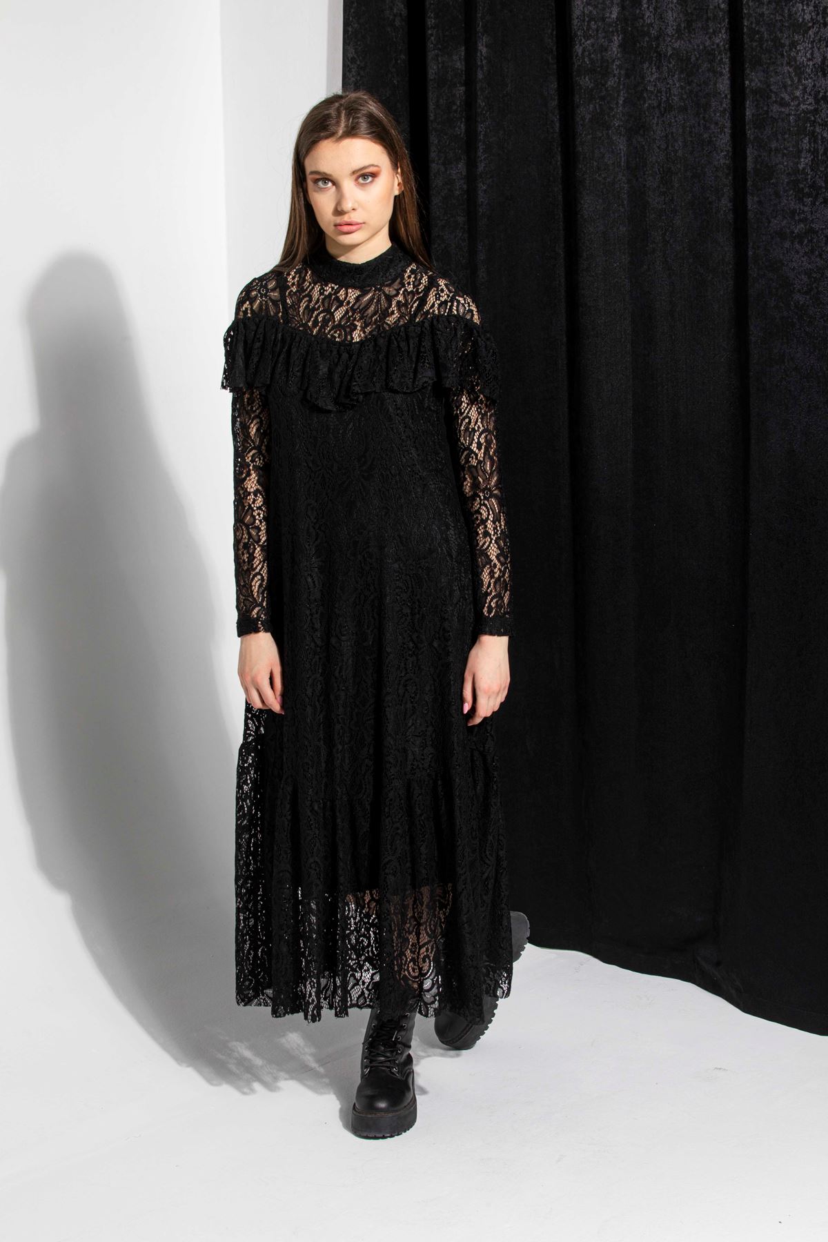 Кружевная ткань женское платье с узорами - Чёрный