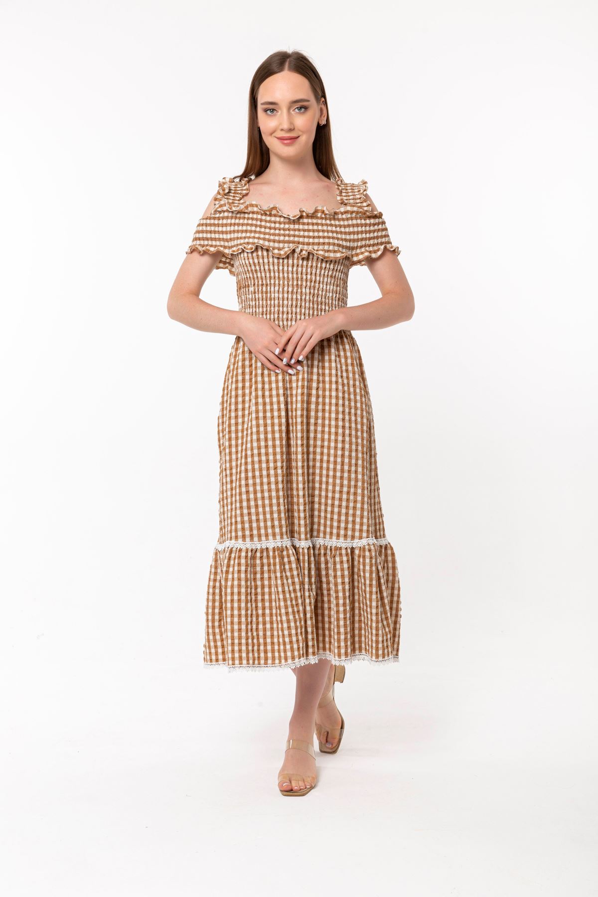 فستان نسائي قماش قطني مع الحمالات طوق القارب ميدي قالب مريح مربعات صغيرة - قهوة 
