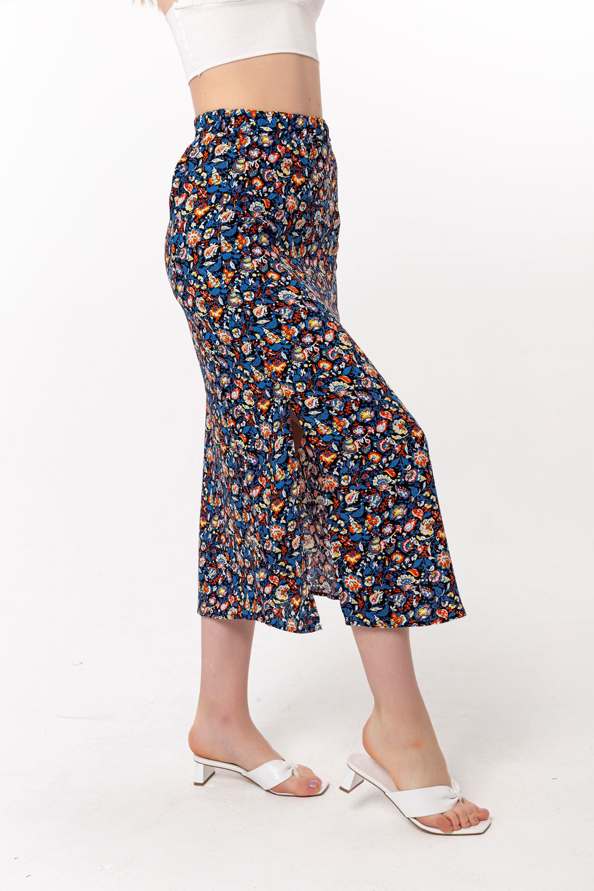 تنورة نسائية قماش استيعاب تحت الركبتين مستقيم زهرة مقرمشة - ازرق غامق