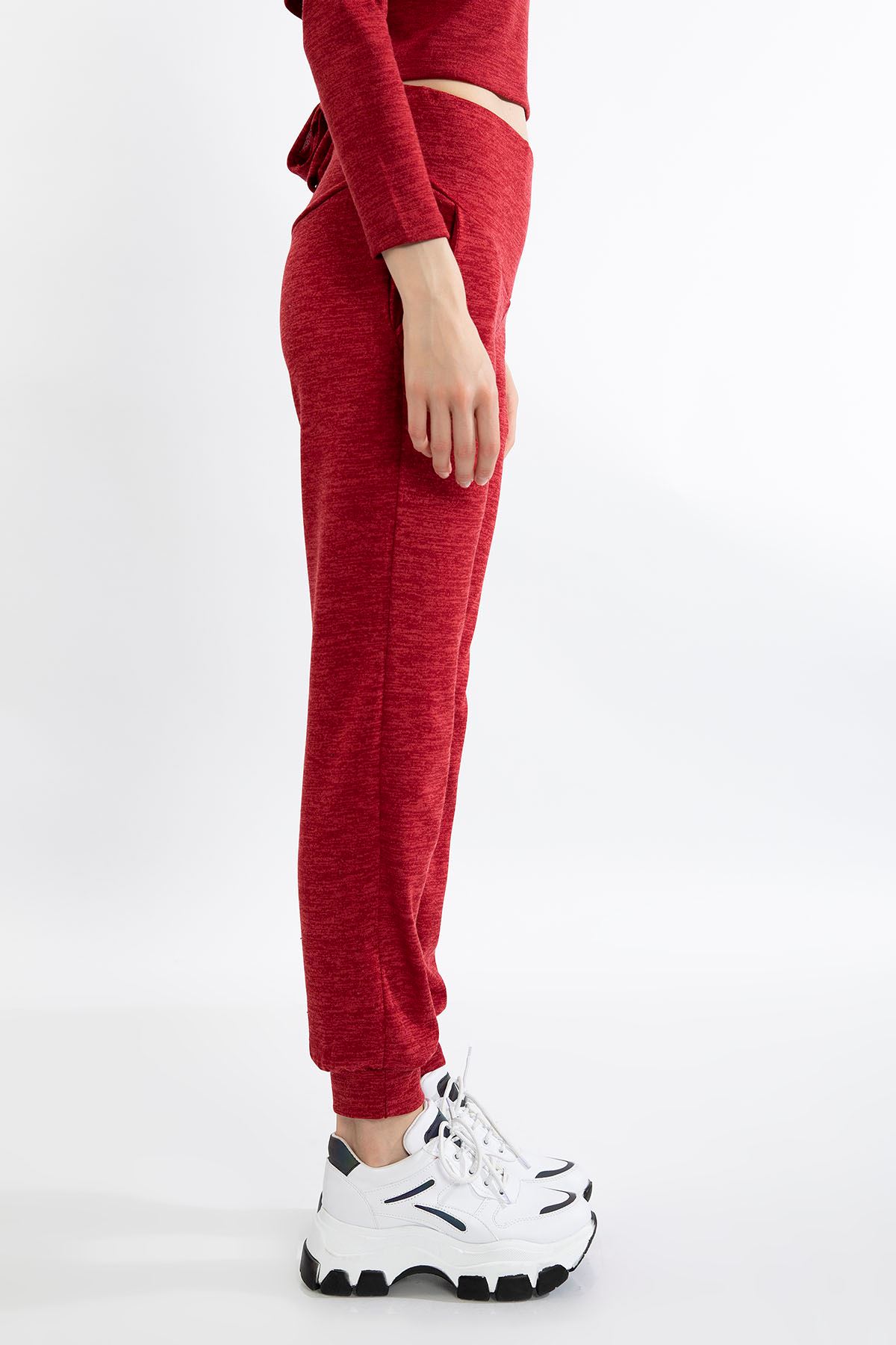 Melange Fabric Long Comfy Fit Gray Women'S Trouser - Red