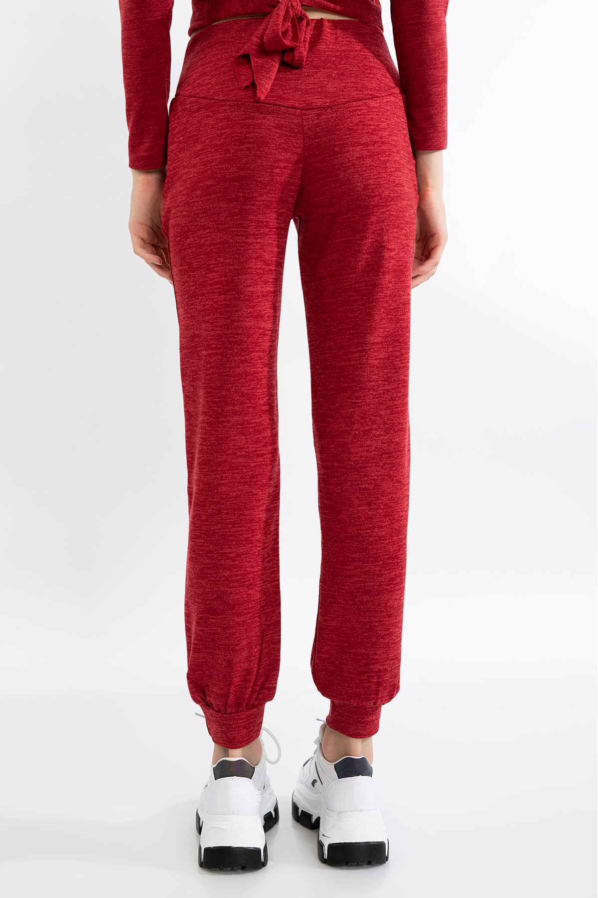 Melange Fabric Long Comfy Fit Gray Women'S Trouser - Red