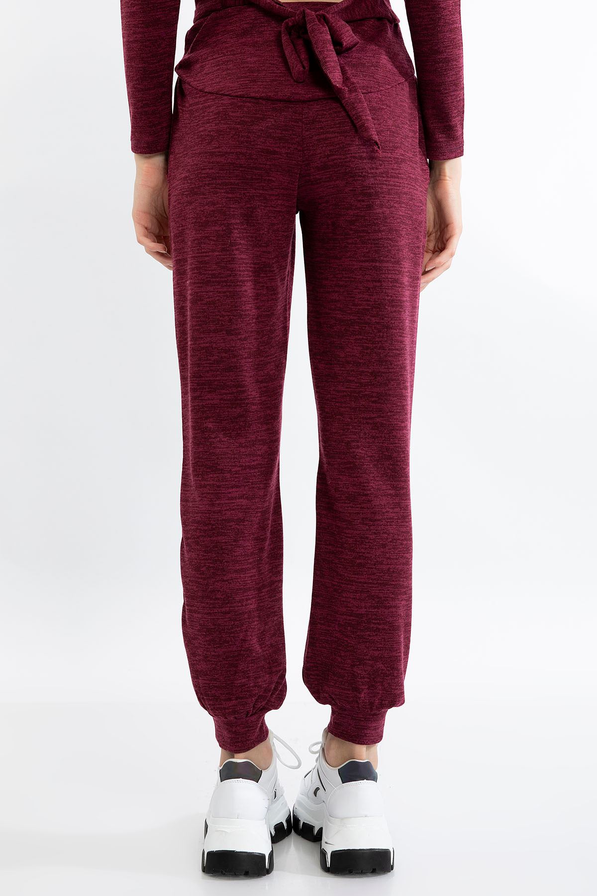 Melange Fabric Long Comfy Fit Gray Women'S Trouser - Burgundy