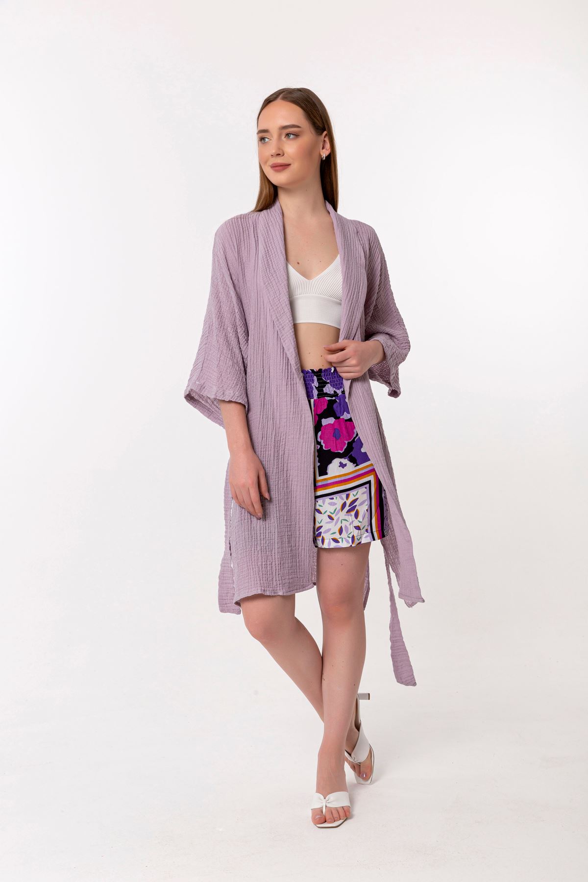 Müslin Kumaş Uzun Kol Şal Yaka Diz Altı Boy Bürümcük Kadın Kimono-Lila
