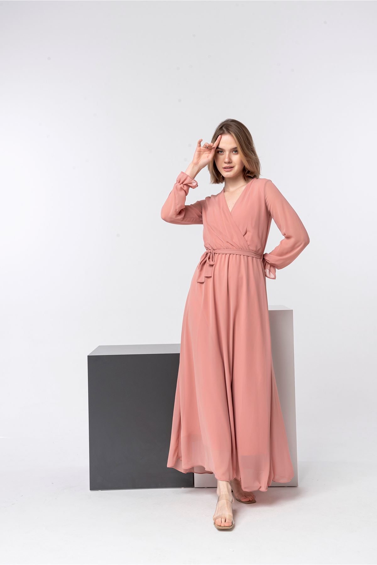 Chiffon Fabric Long Sleeve V-Neck Long Laced Women Dress - Light Pink