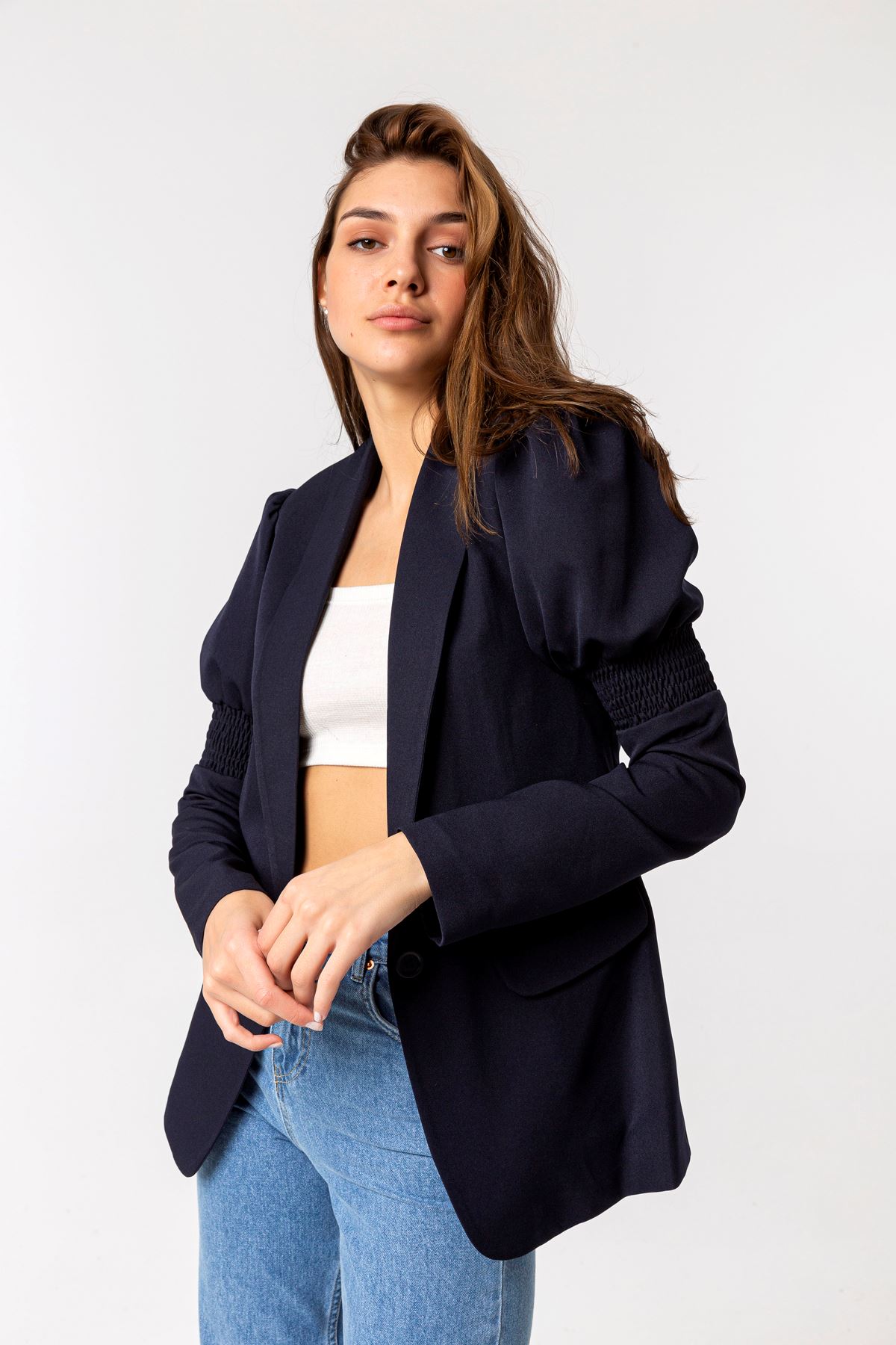 Licra Fabric Long Sleeve Revere Collar Hip Height Classical Women Jacket - Mint