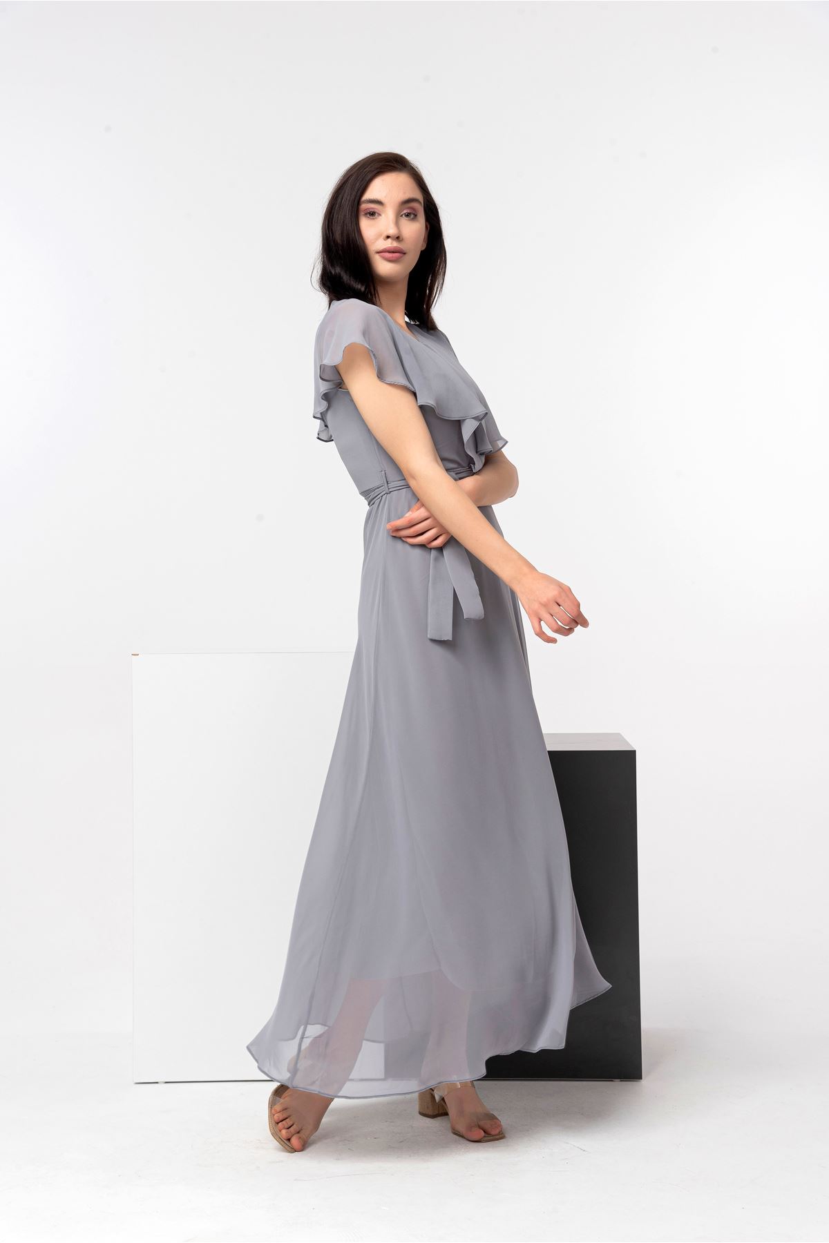 Chiffon Fabric Short Sleeve V-Neck Midi Full Fit Women Dress - Grey