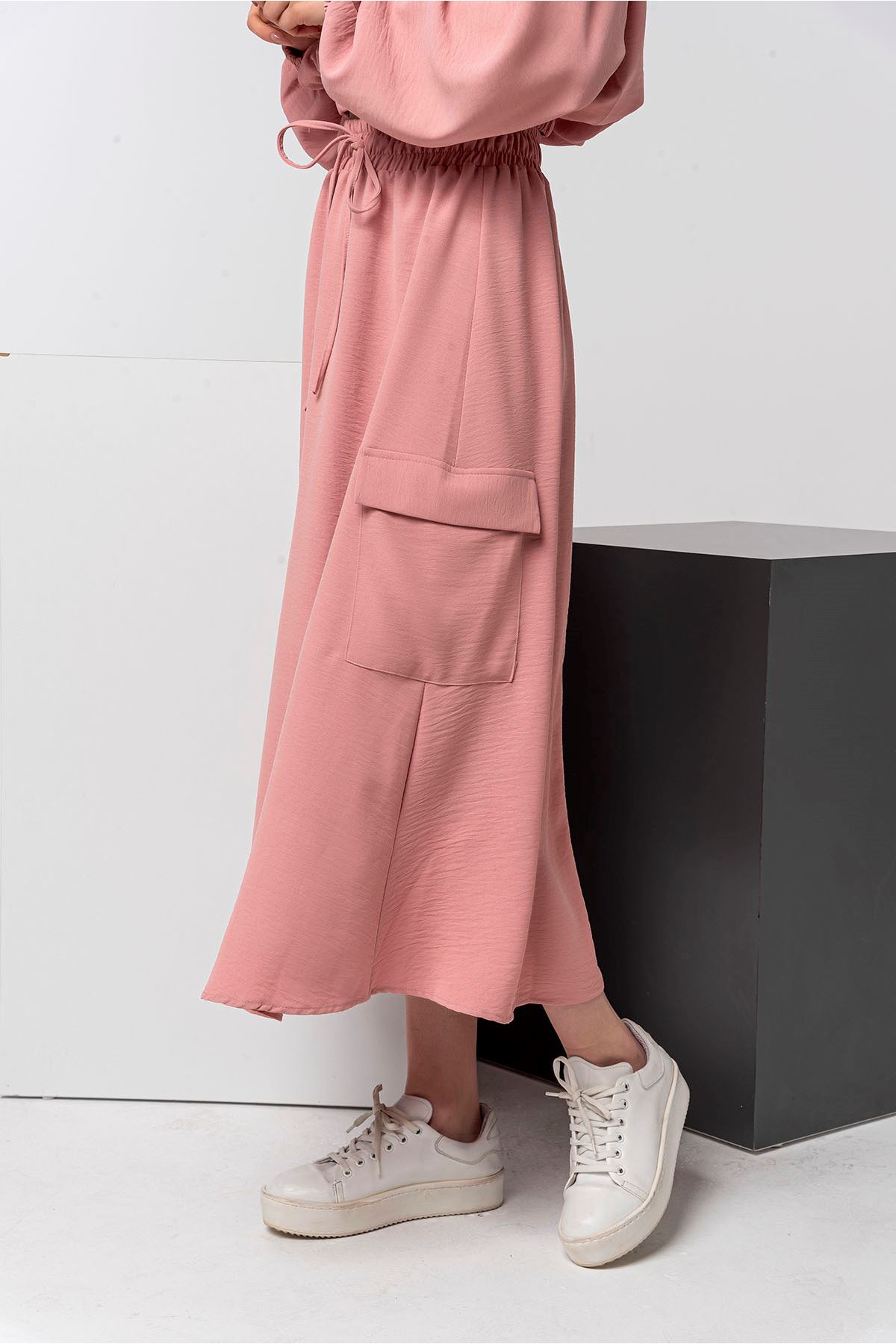 Аэробин Ткань французской длины широкий Kadın Etek - Светло розовый