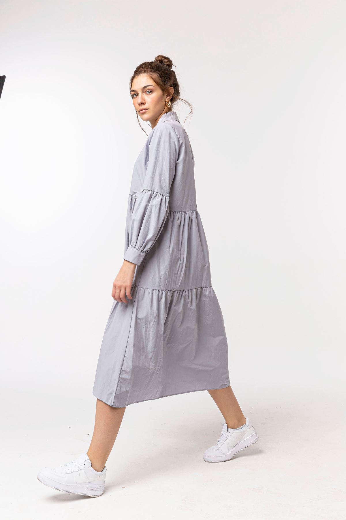 Soft Kumaş Gömlek Yaka Midi Boy Oversize/Salaş Kadın Elbise-Gri