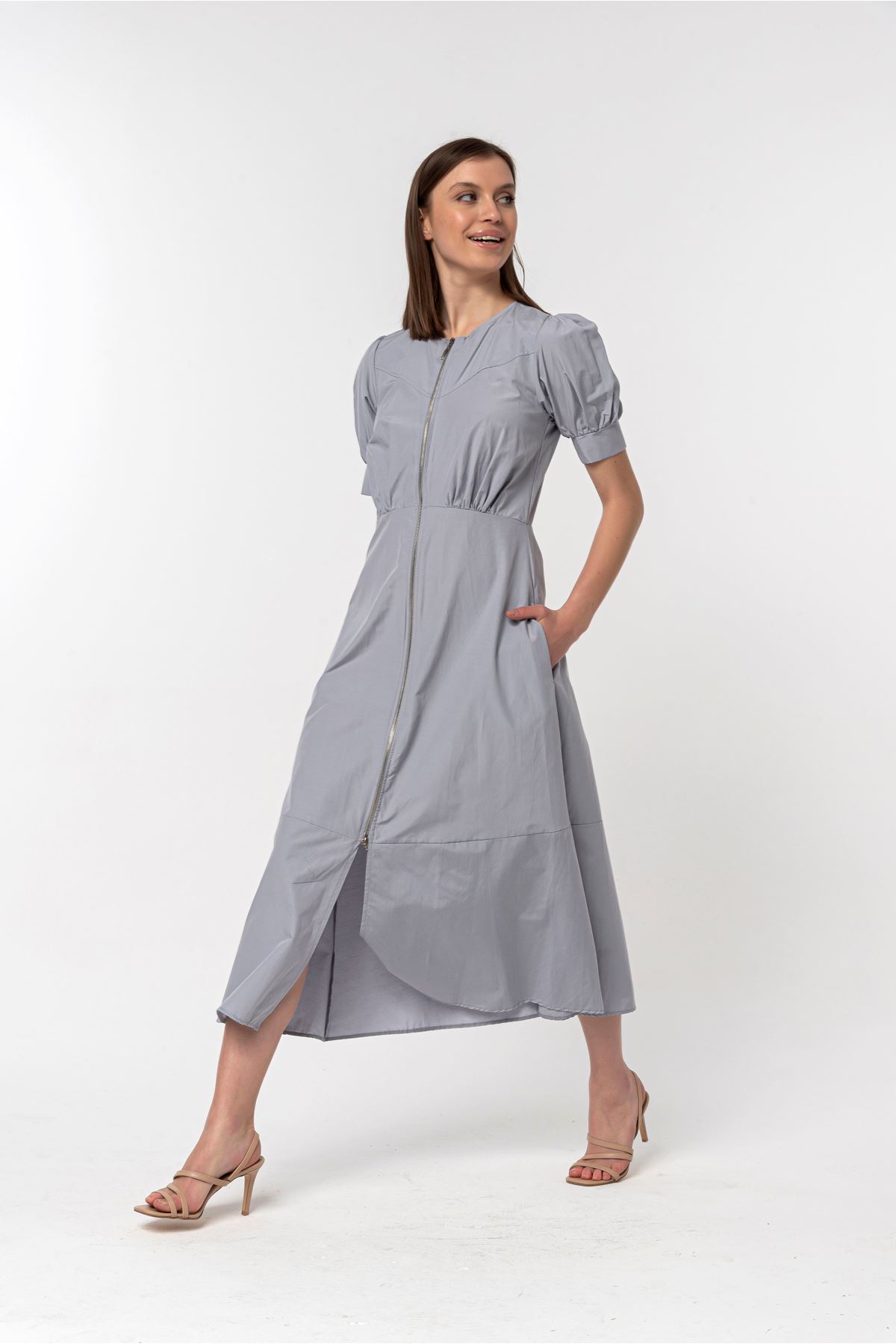 Мягкий ткань Застежка-молния на шее женское платье - Серый
