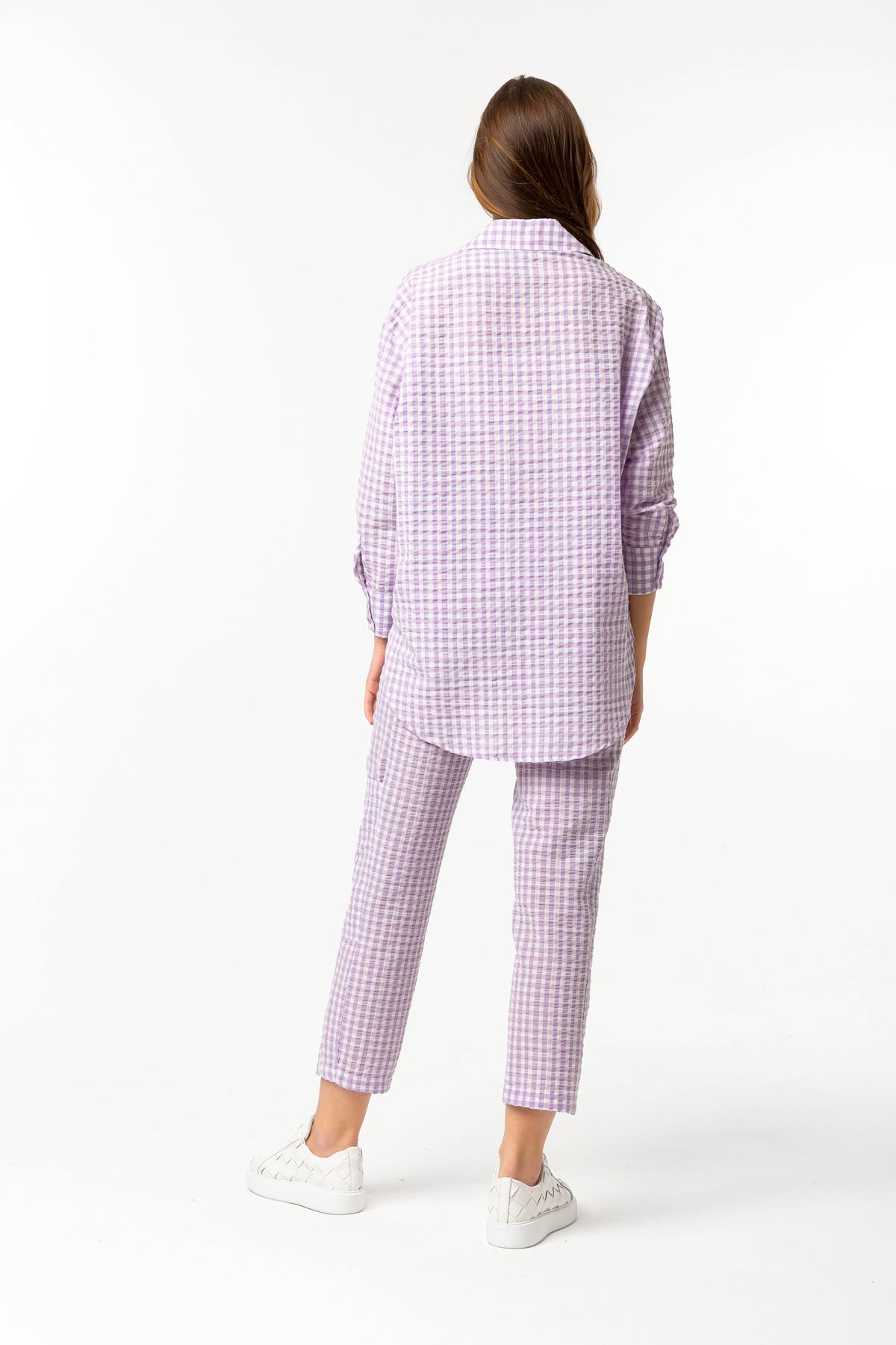 Plaid Fabric Long Sleeve Oversize Checkerboard Print Square Pattern Women'S Shirt - Lilac