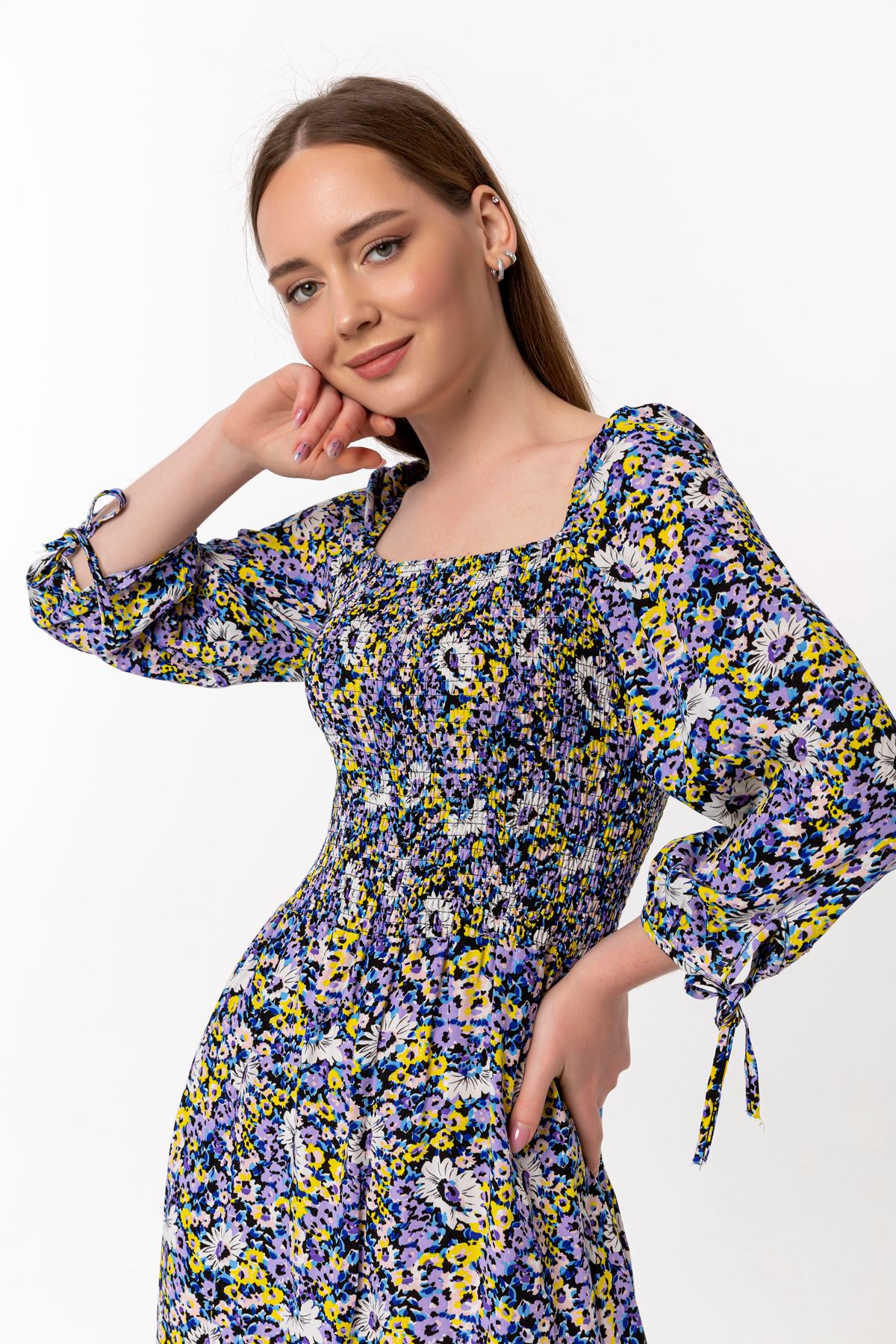 فستان نسائي قماش فيسكون 3/4 الحجم طوق مربع ميدي ضيق زهرة مقرمشة - ارجواني