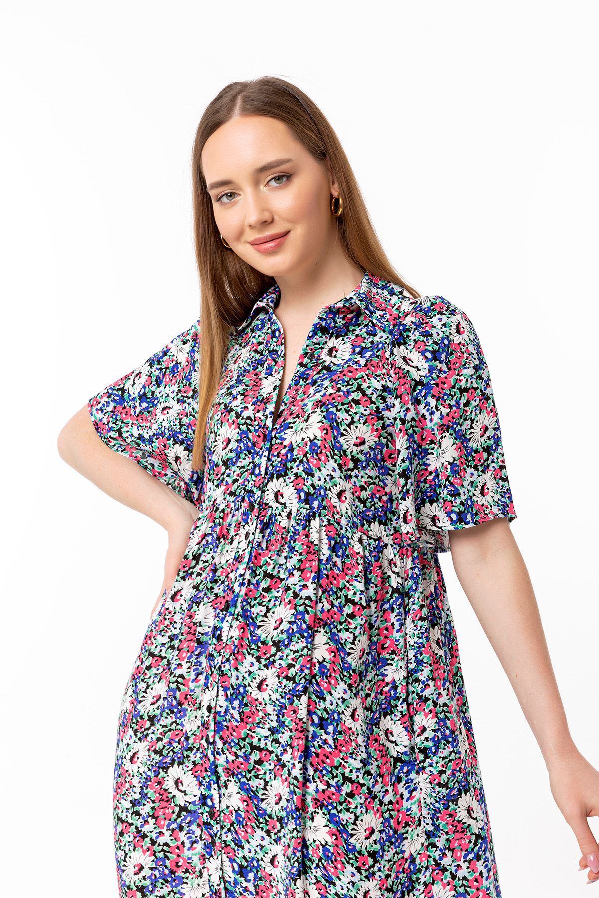 Viscose Fabric Shirt Collar Midi Oversize Flower Print Women Dress - Blue