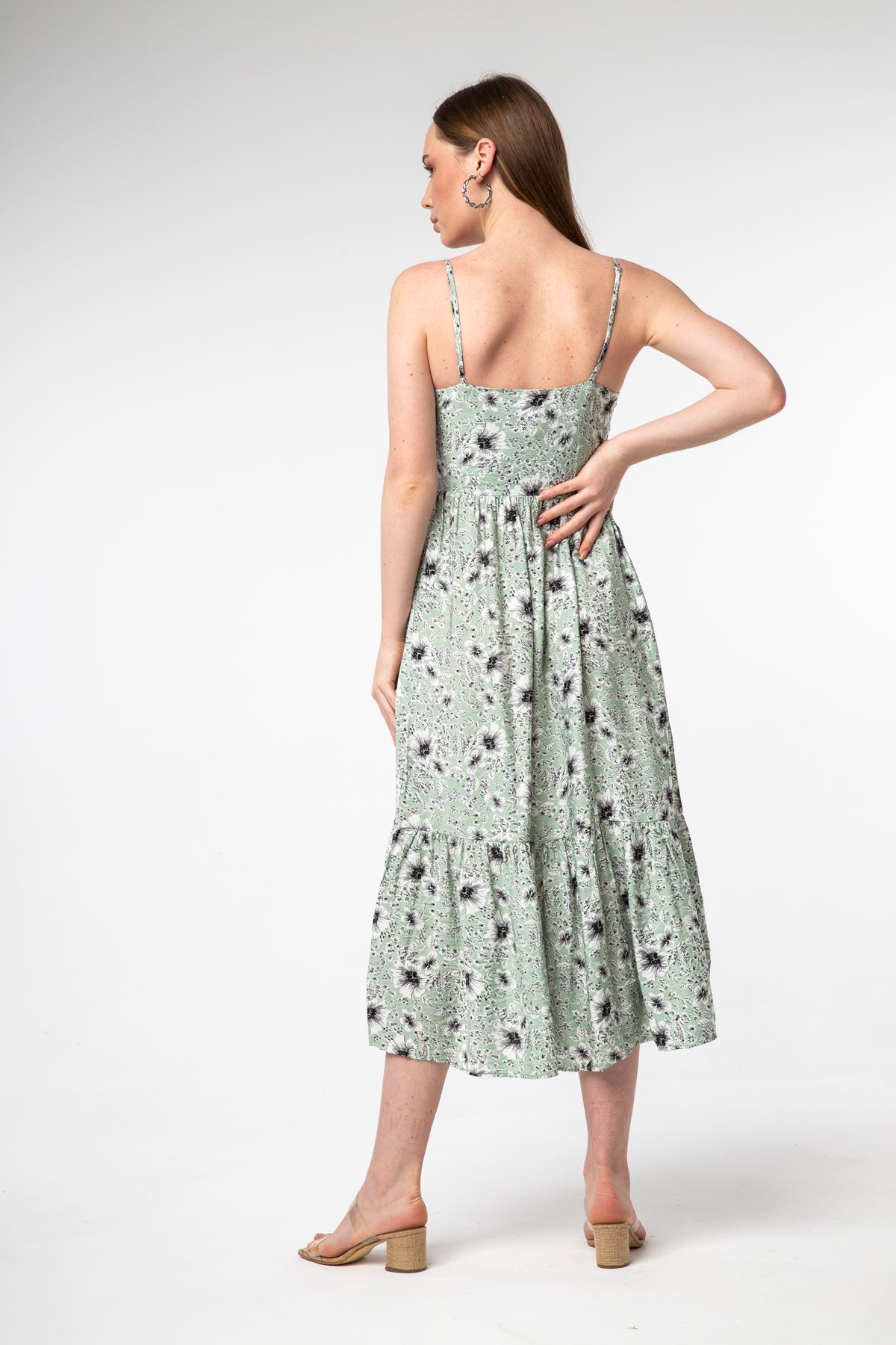 Aerobin Empirme Kumaş İp Askılı Tam Kalıp Çiçek Desenli Kadın Elbise-Mint