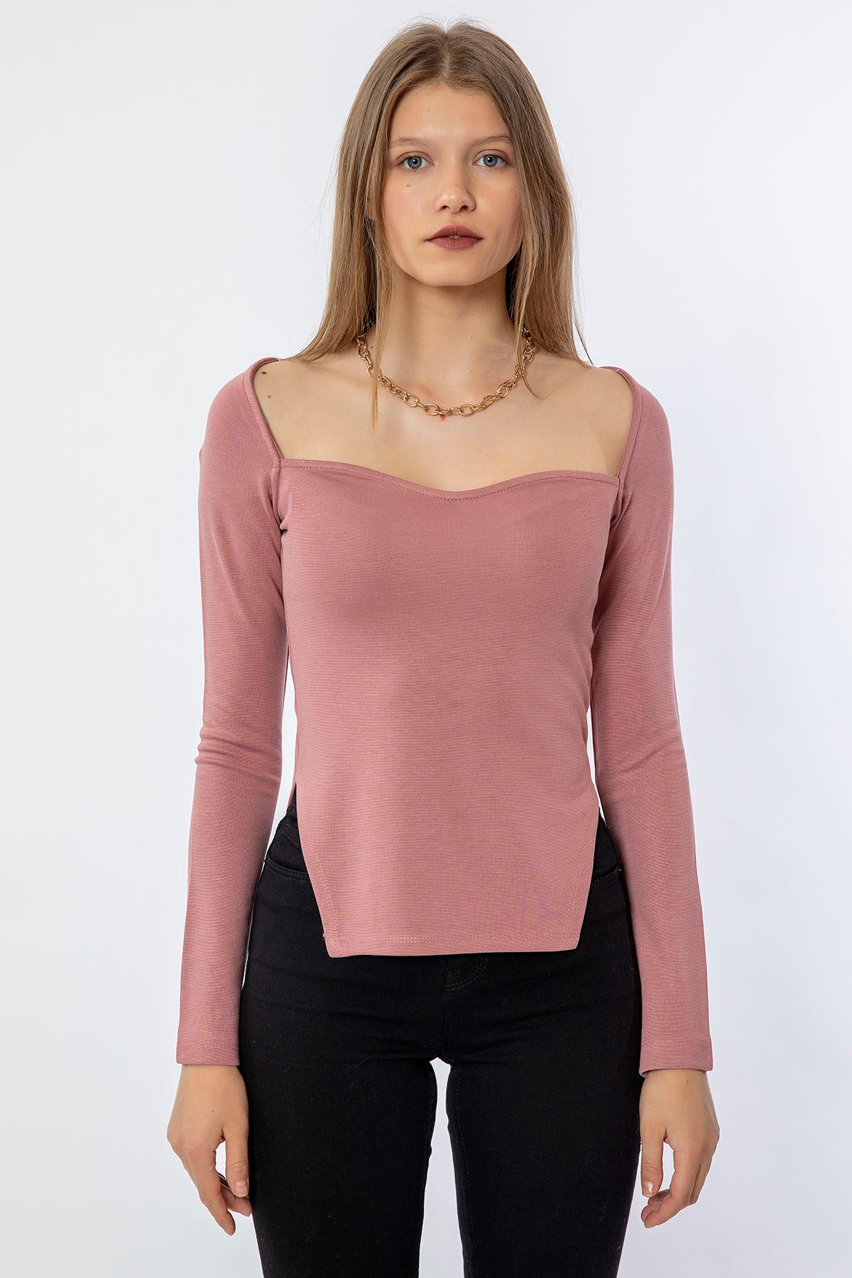 длинный рукав с квадратном вырезом асимметричная женская блузка - Светло розовый