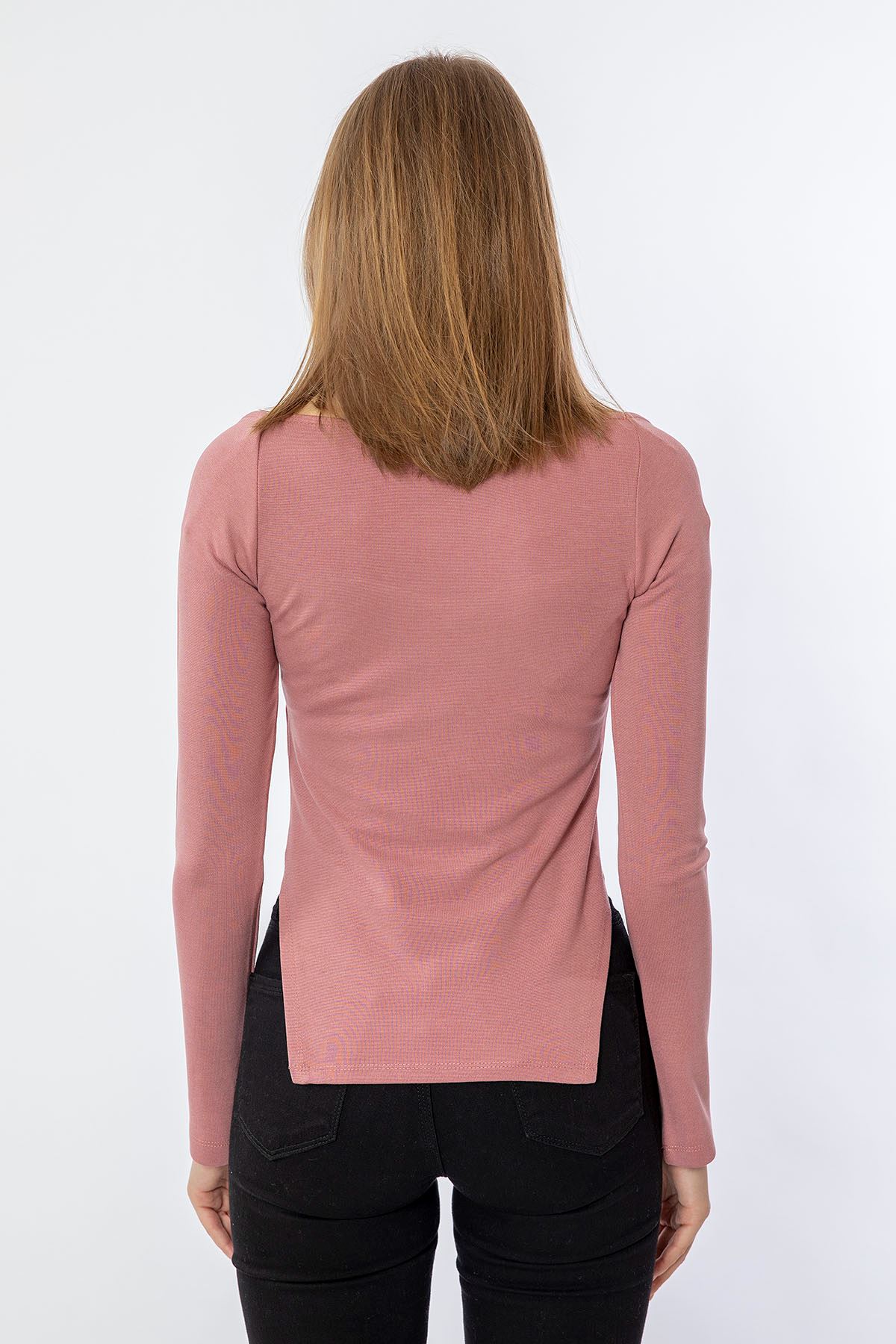 длинный рукав с квадратном вырезом асимметричная женская блузка - Светло розовый