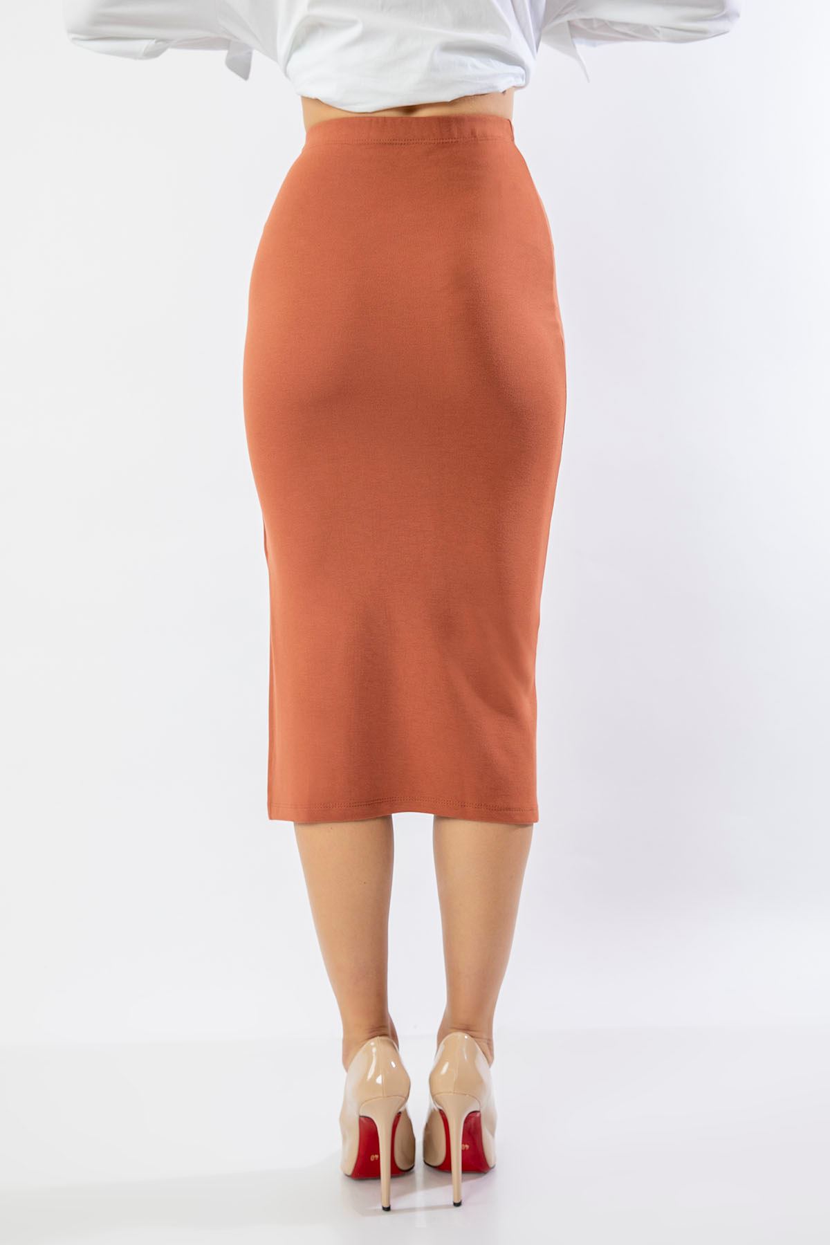 Knit Fabric 3/4 Short Tight Fit Slit Skirt - Light Brown