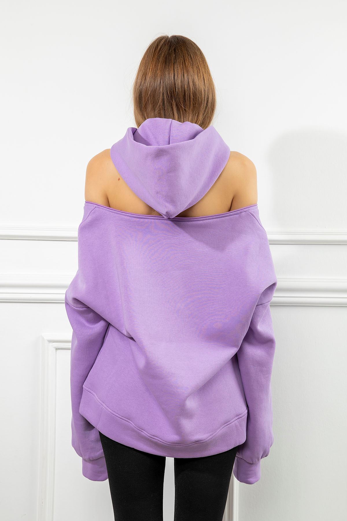 Third Knit Fabric Hooded Below The Hip Oversize Button Women Sweatshirt - Lilac