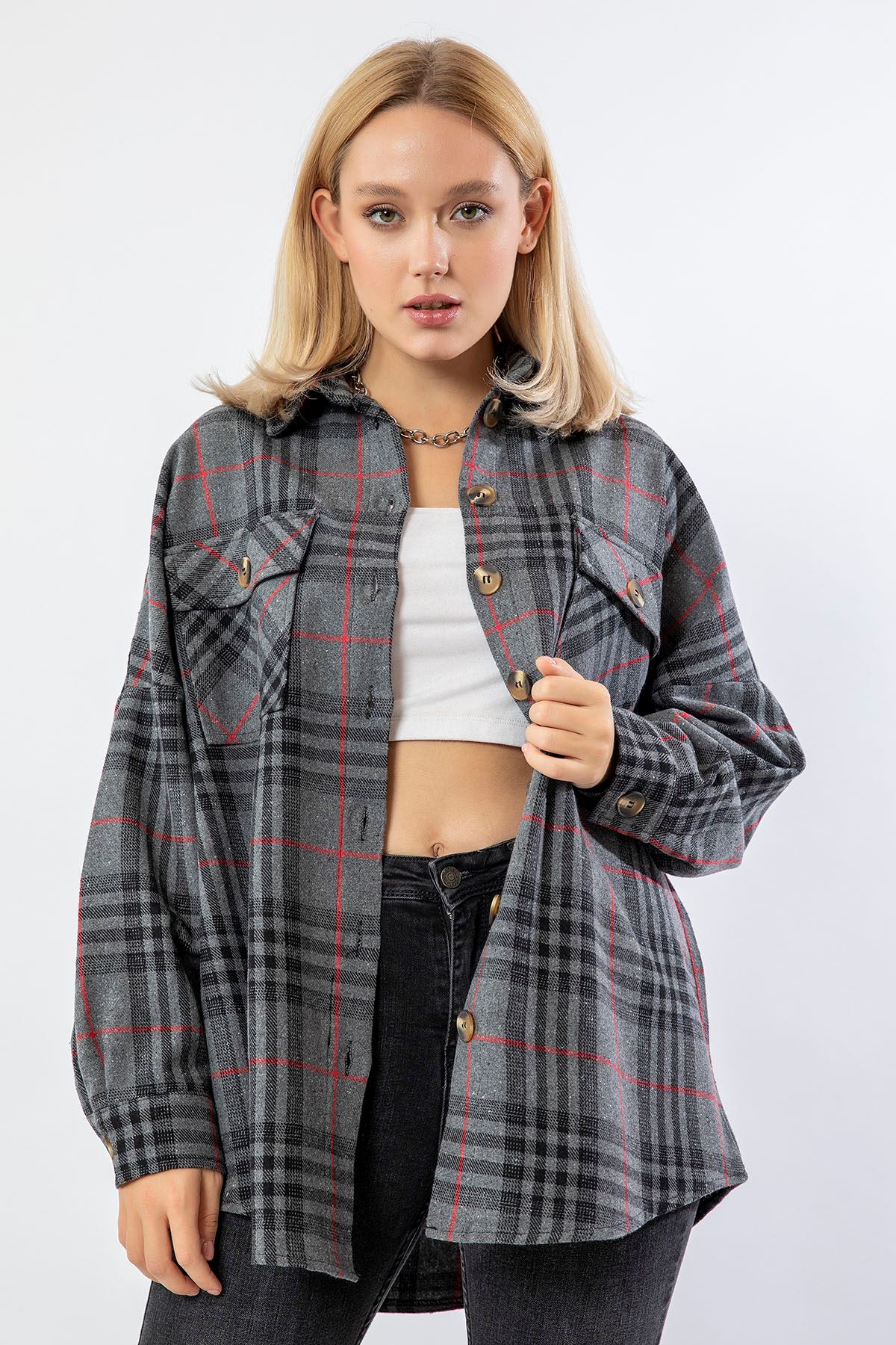 Lumberjack Fabric Long Sleeve Below Hip Oversize Plaid Women'S Shirt - Anthracite 