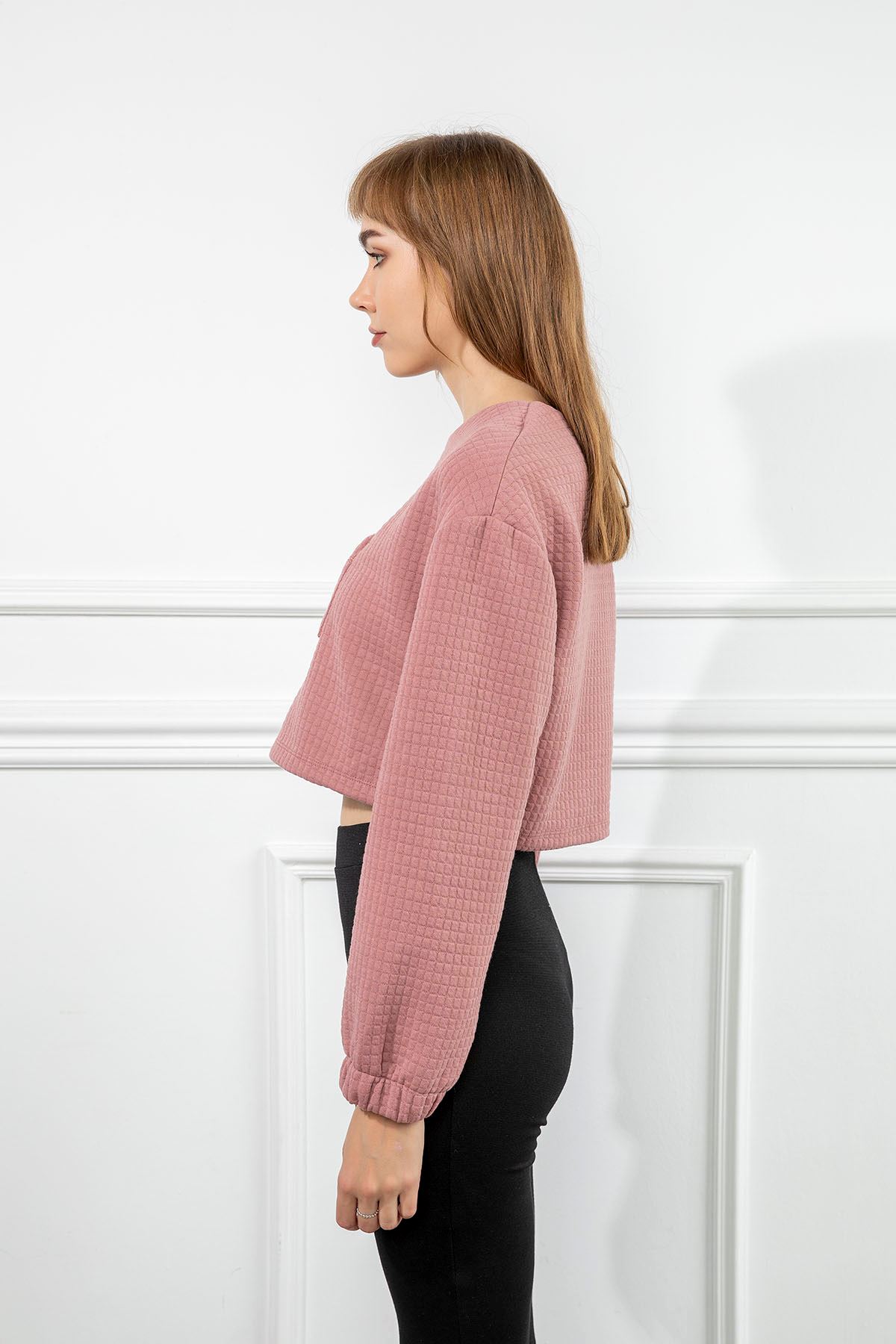 Petek Kumaş Uzun Kol Oversize/Salaş Cep Detaylı Kadın Sweatshirt-Gül Kurusu