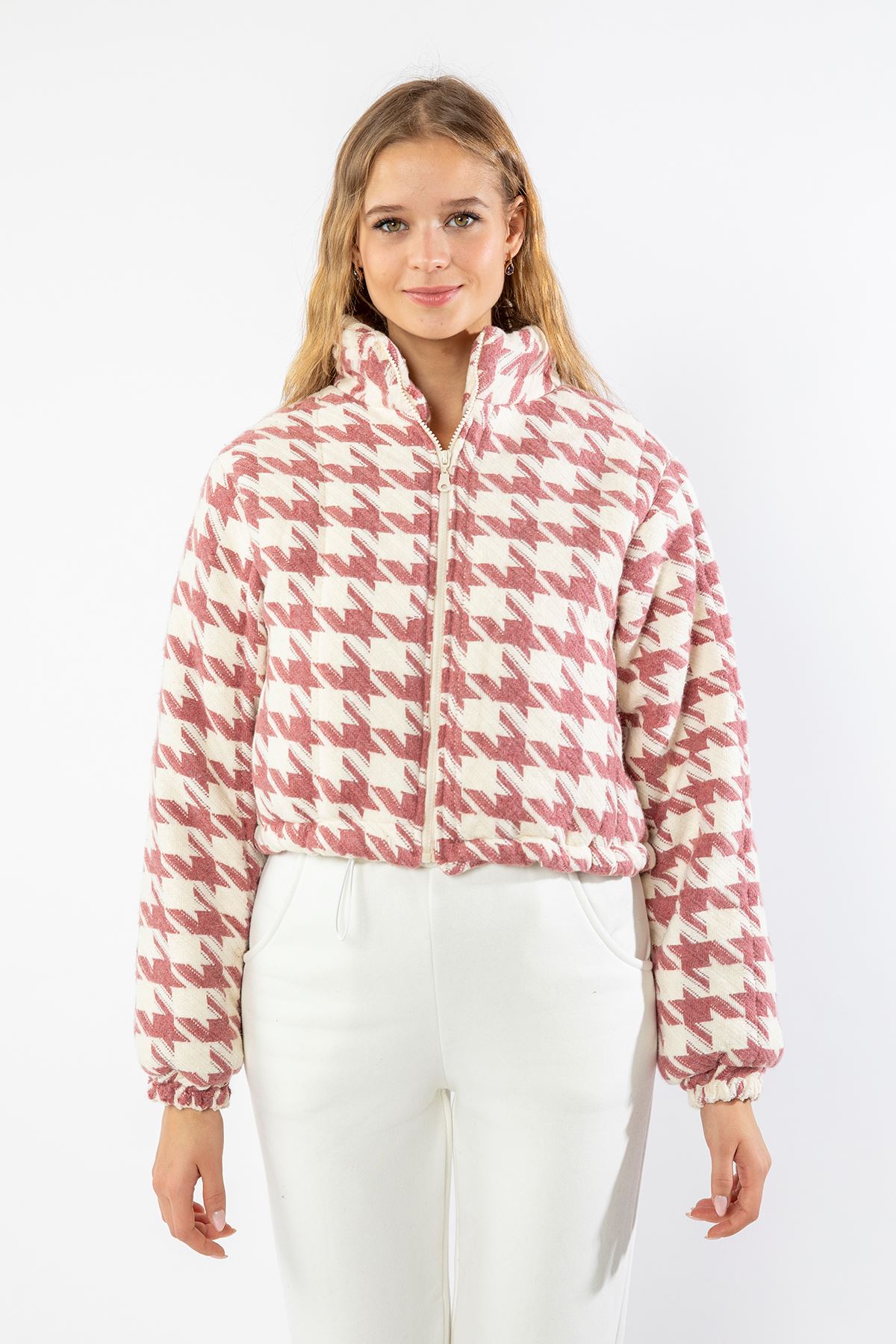 Lumberjack Fabric Long Sleeve Zip Neck Short Houndstooth Bomber Women Coat