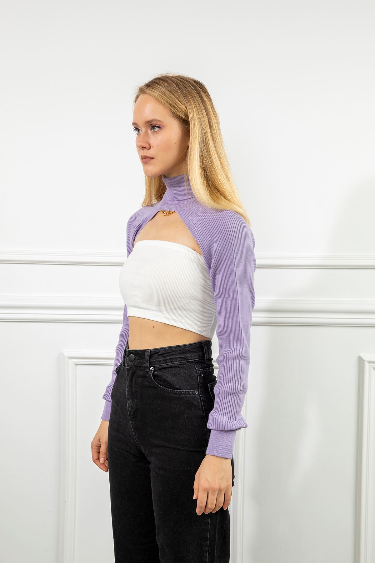 Knitwear Fabric Long Sleeve Surplice Neck Short Women Sweater - Lilac