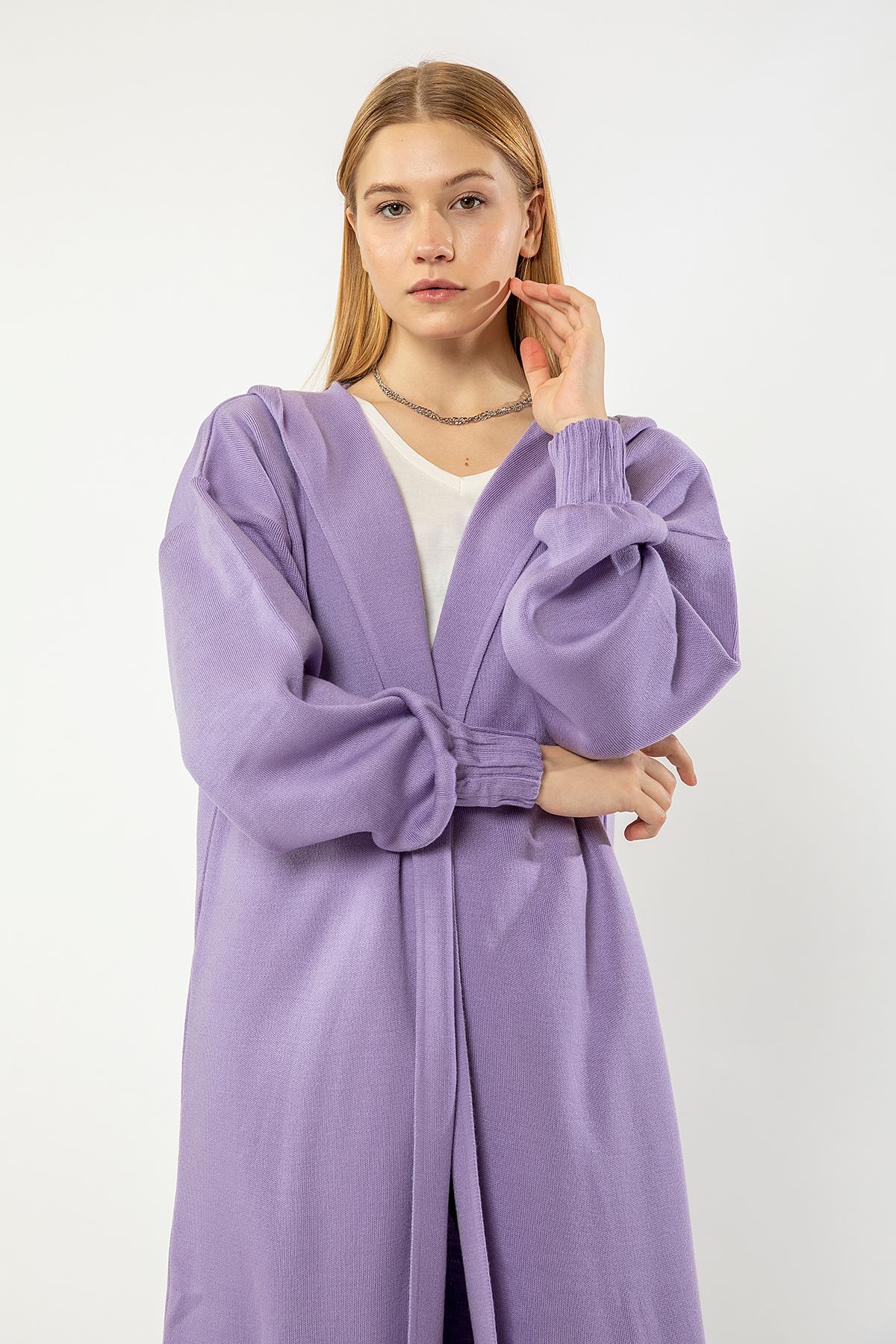 Knitwear Fabric Long Sleeve Hooded Long Oversize Women Cardigan With Belt - Lilac