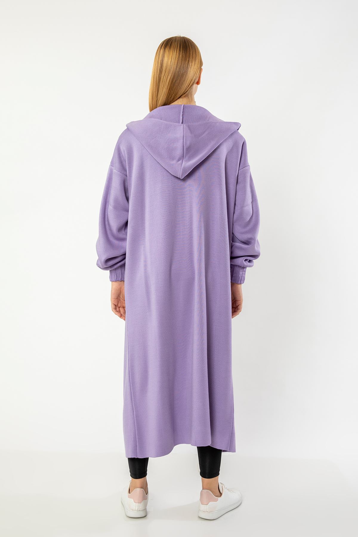 Knitwear Fabric Long Sleeve Hooded Long Oversize Women Cardigan With Belt - Lilac