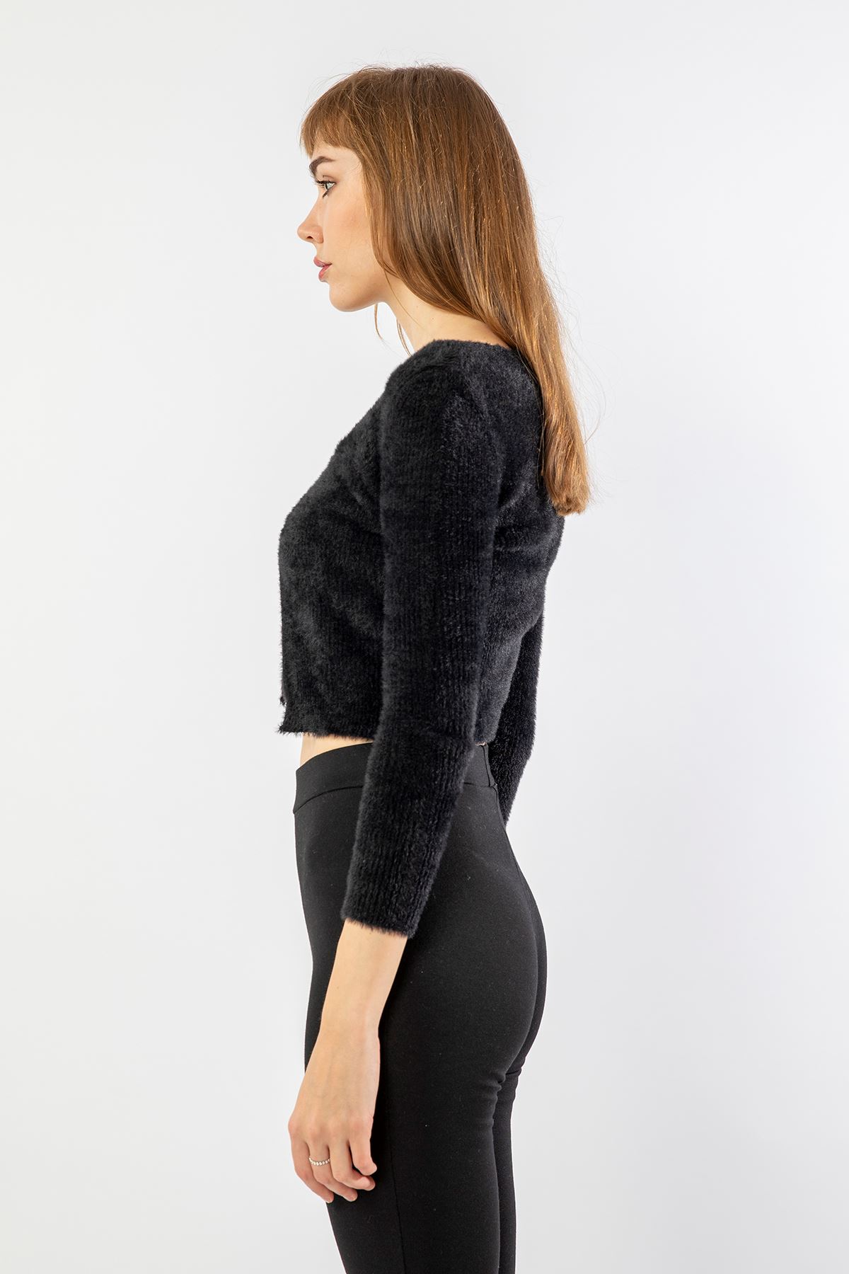 Knitwear Fabric Long Sleeve U-Neck Crop Lacing Women Cardigan - Black