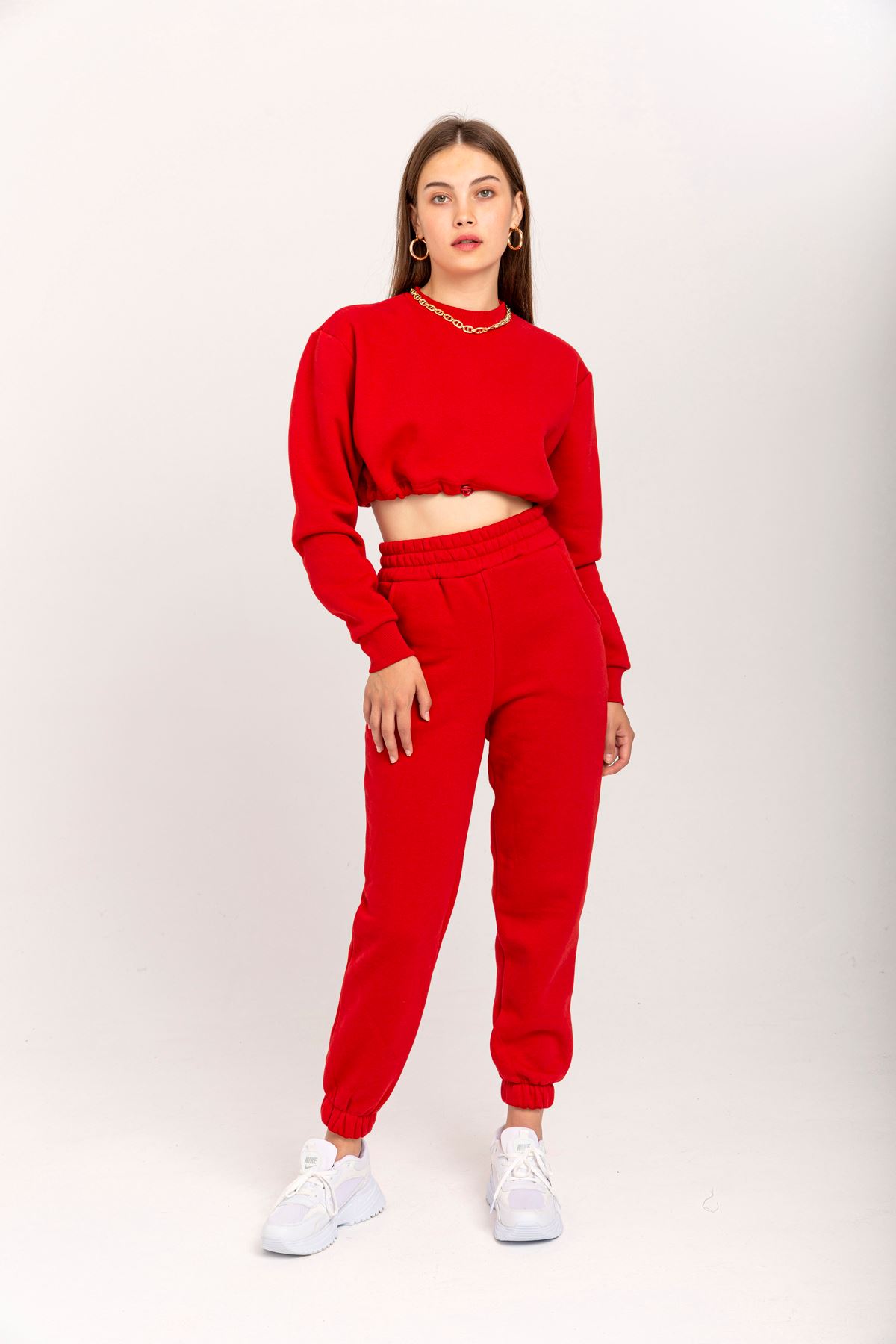 Third Knit Fabric Long Comfy Fit Elastic Hems Women'S Trouser - Red