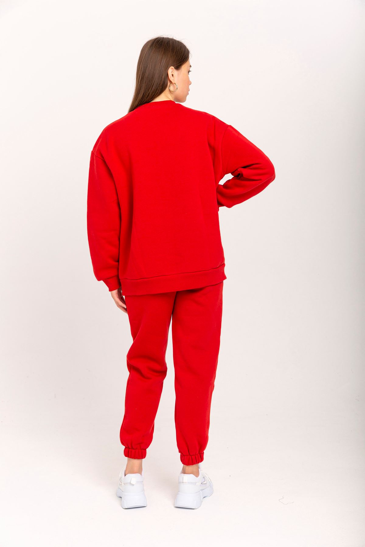 Şardonlu 3 İplik Kumaş Uzun Kol Basen Altı Boy Kadın Sweatshirt-Kırmızı
