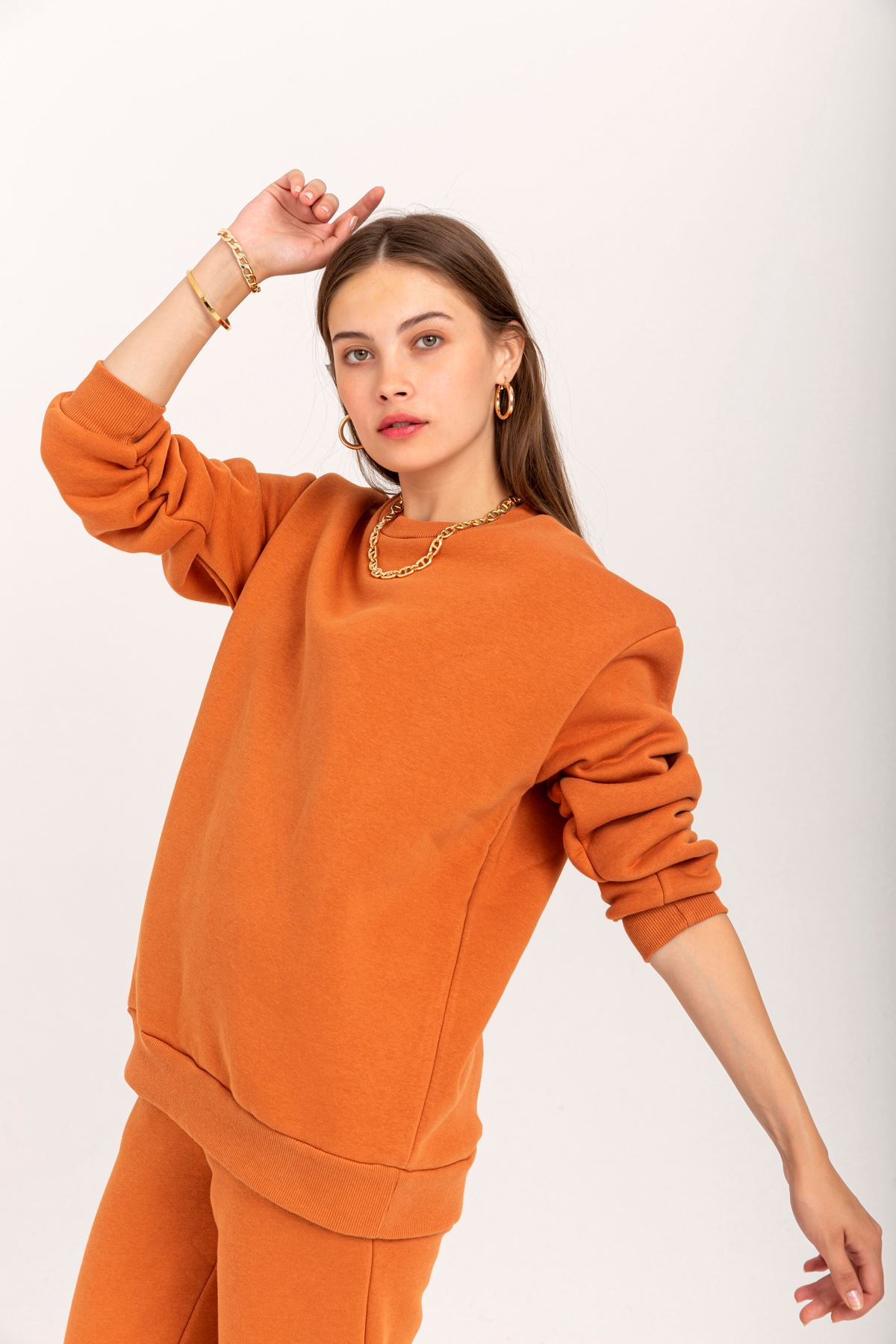 Şardonlu 3 İplik Kumaş Uzun Kol Basen Altı Boy Kadın Sweatshirt-Tarçın