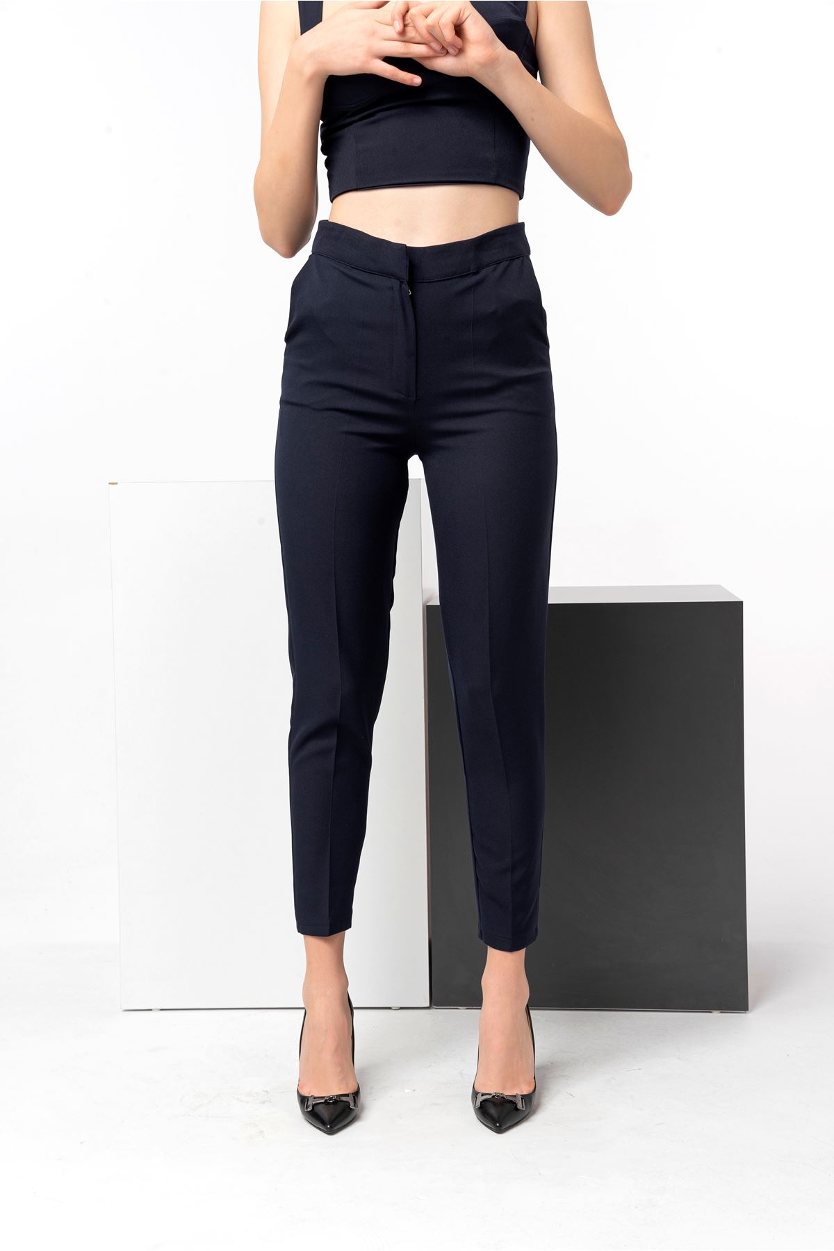 атласный ткань джоггеры женские брюки - Темно синий