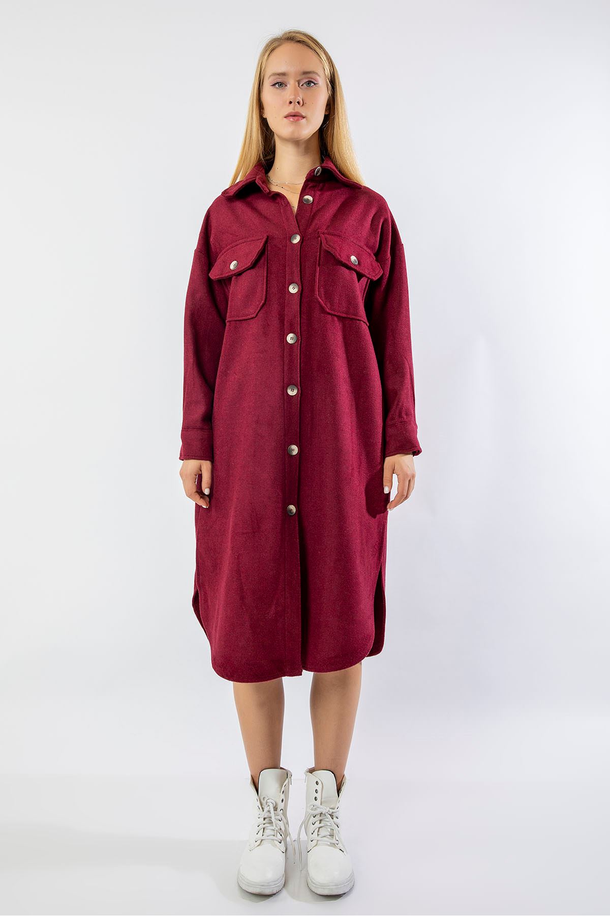 шерстяная ткань длинный рукав оверсайз женская рубашка - Бордовый