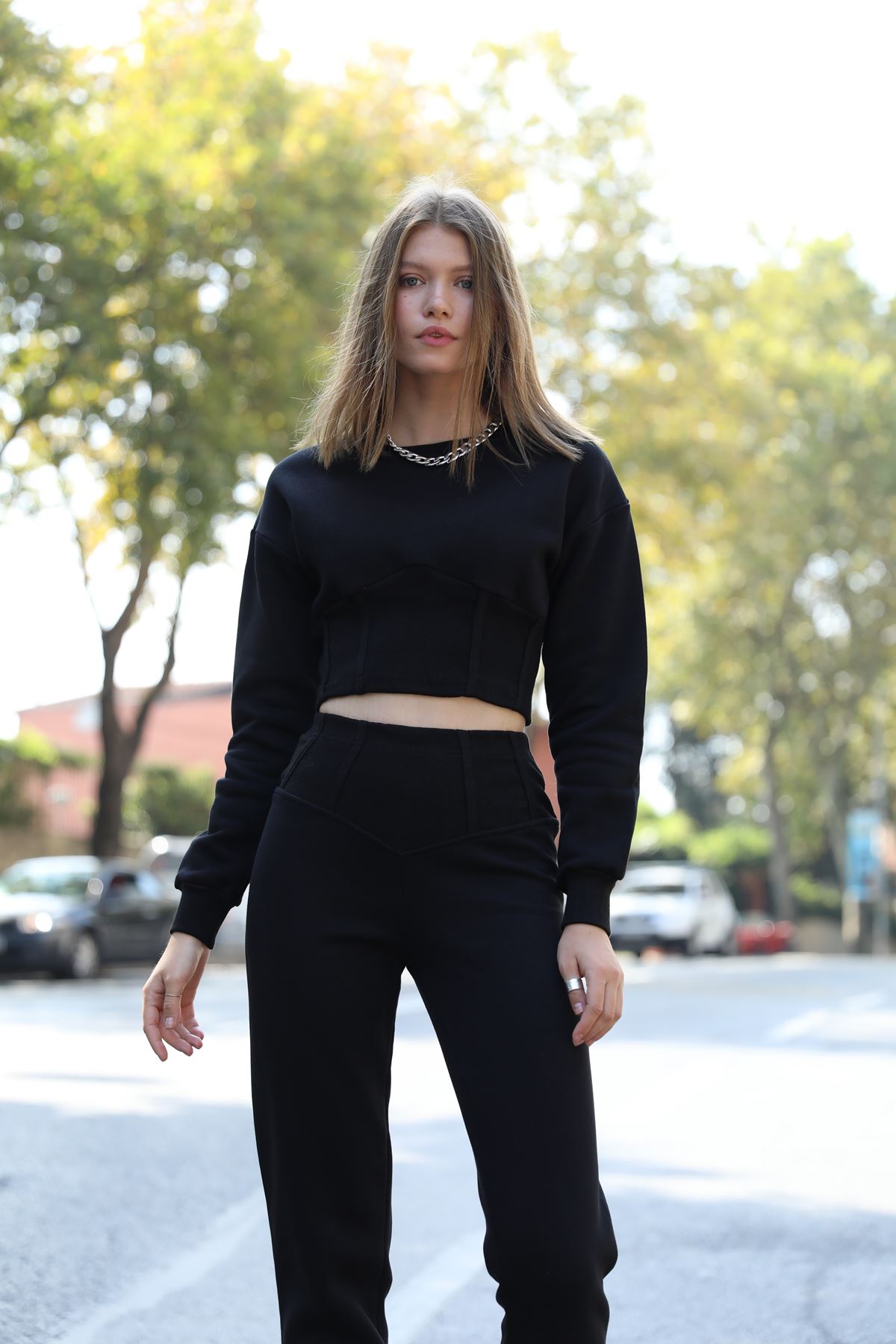 Third Knit Fabric Long Bodice Skirt Women Sweatshirt - Black