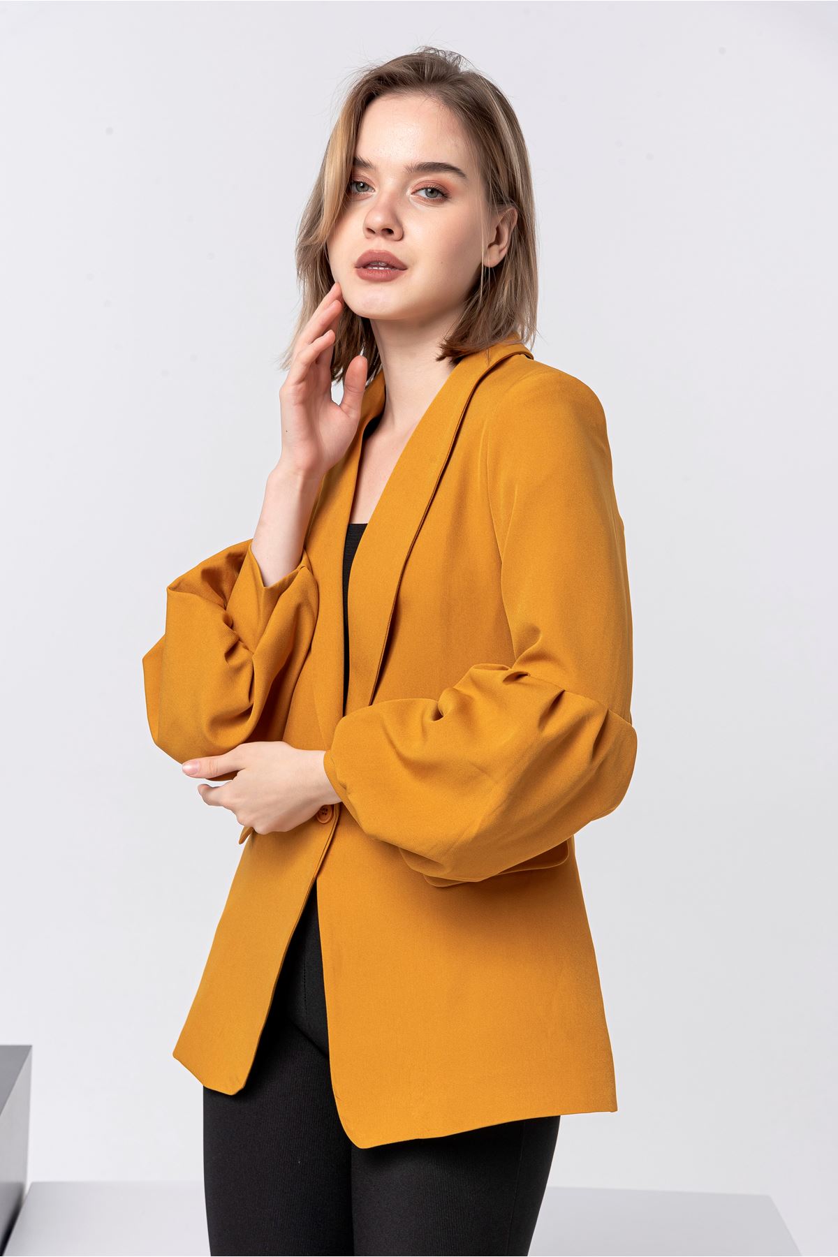 Polyester Fabric Balloon Sleeve Shawl Collar Classical Women Jacket - Mustard