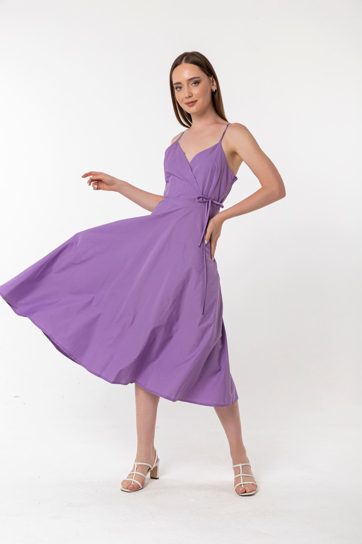 Soft Woven Fabric Surplice Neck Midi A Cut Women Dress - Lilac