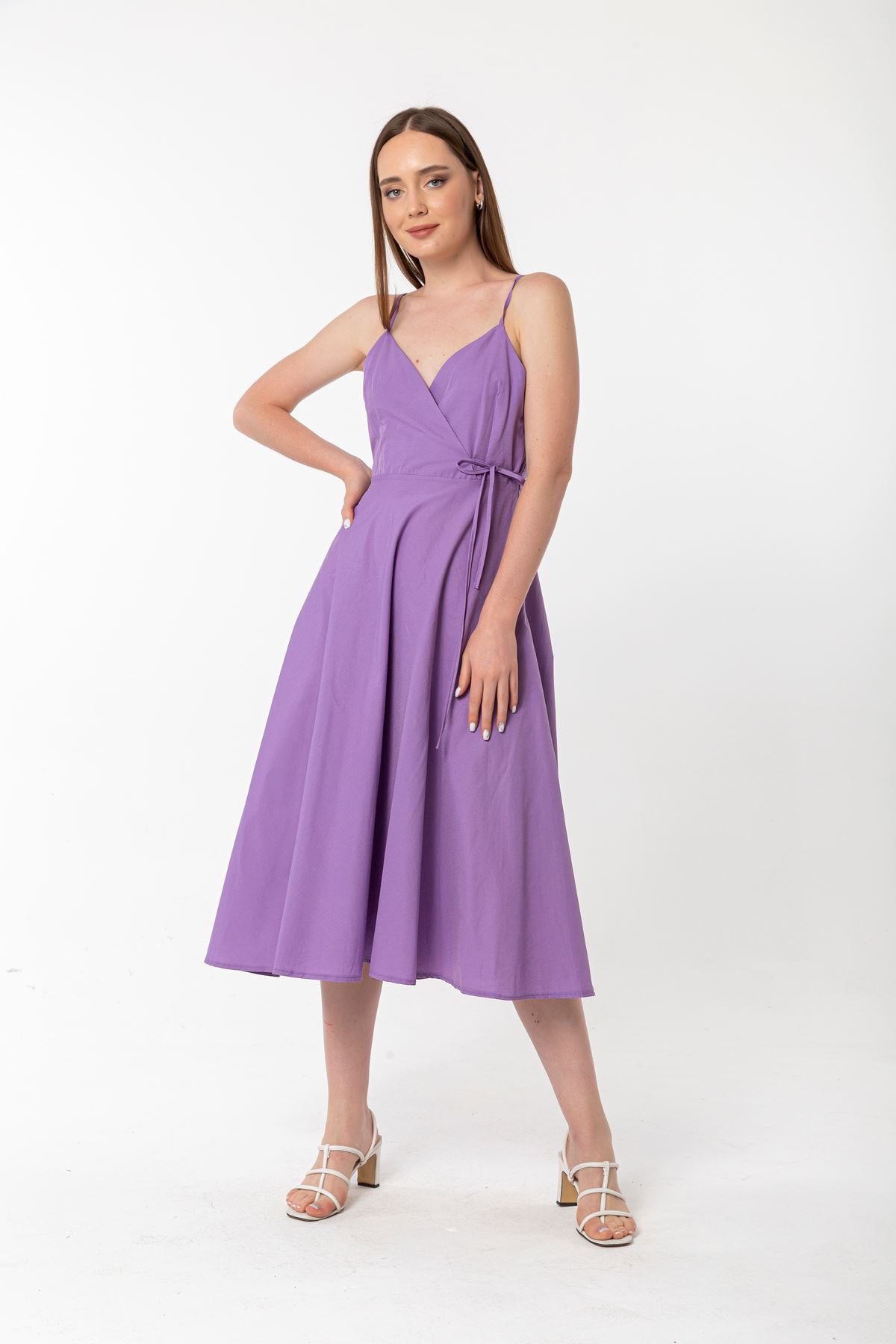 Soft Woven Fabric Surplice Neck Midi A Cut Women Dress - Lilac