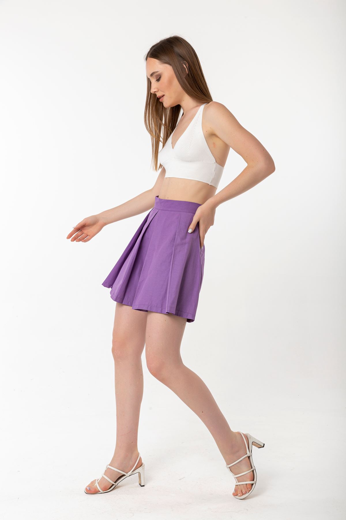 Woven Fabric Wide Pleated Mini Skirt - Purple