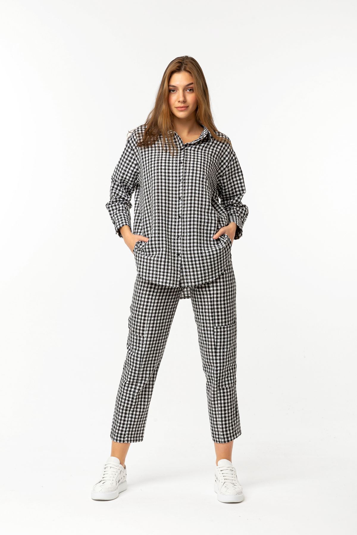 Plaid Fabric Long Sleeve Oversize Checkerboard Print Square Pattern Women'S Shirt - Black