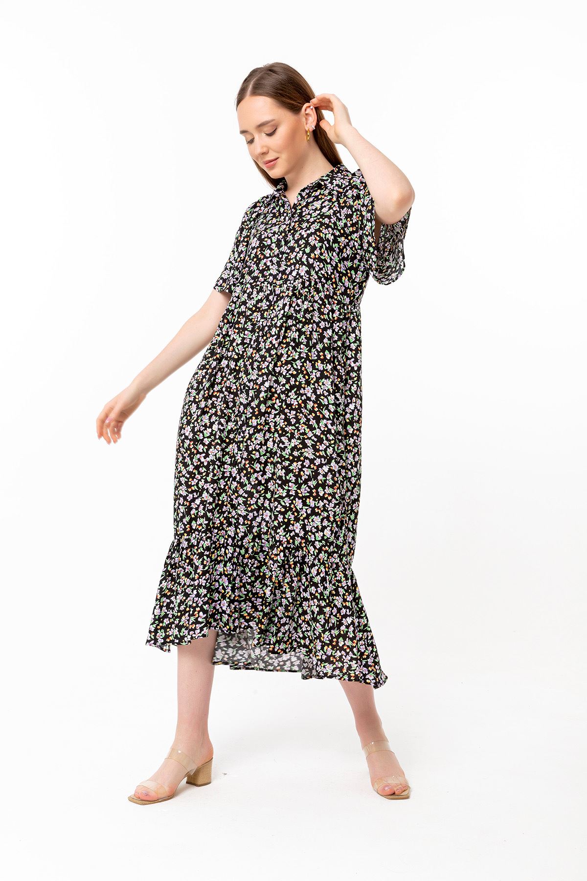 Short Sleeve Midi Oversize Flower Print Buttoned Women Dress - Black