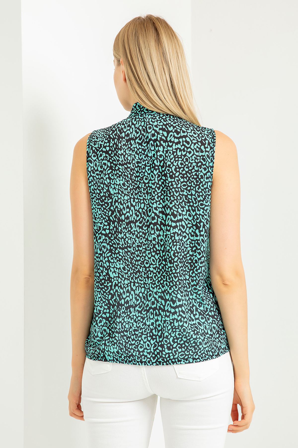 Jessica Fabric Sleeveless Scarf Collar Leopard Print Blouse - Mint