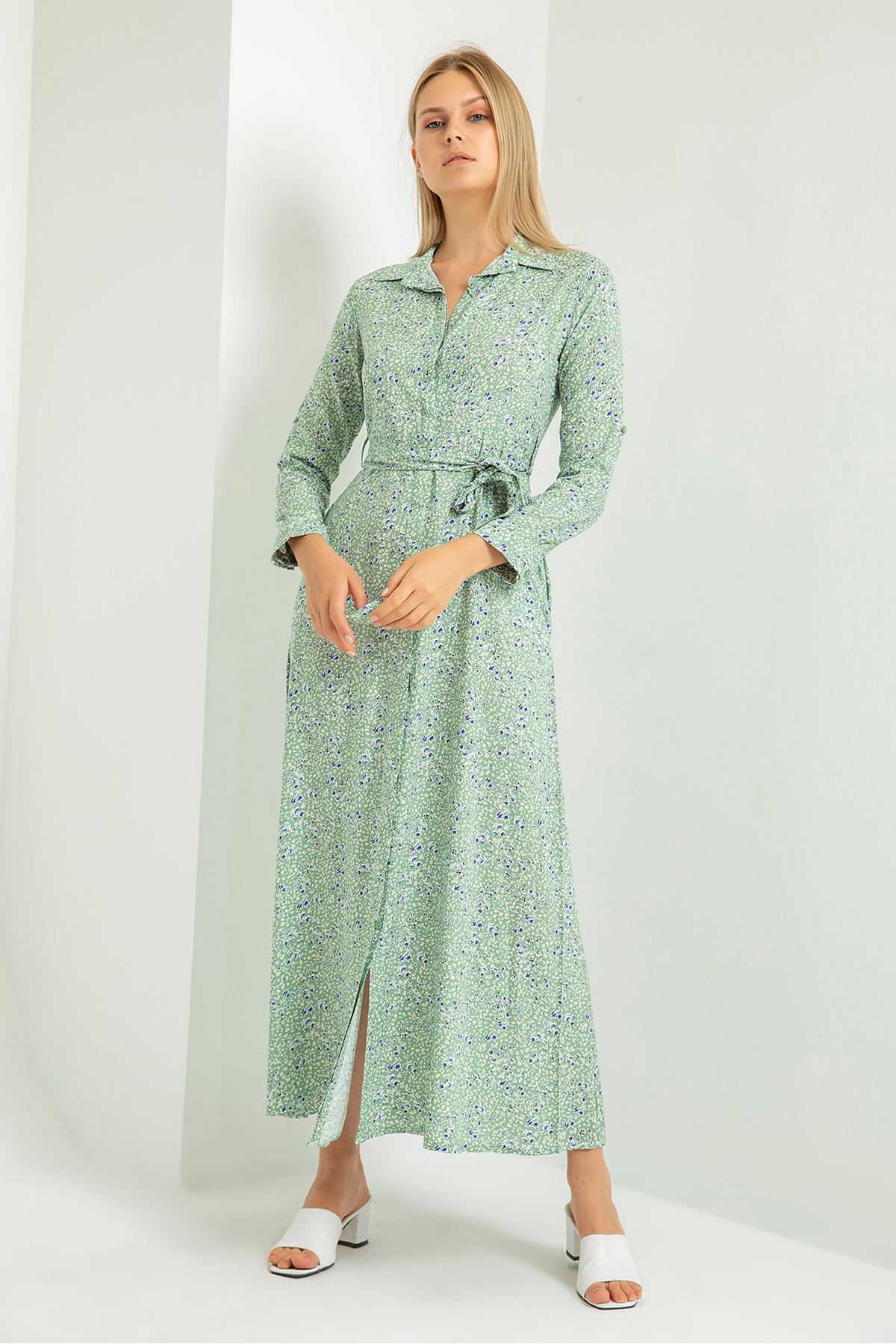 Long Sleeve Shirt Collar Floral Print Women Dress - Mint