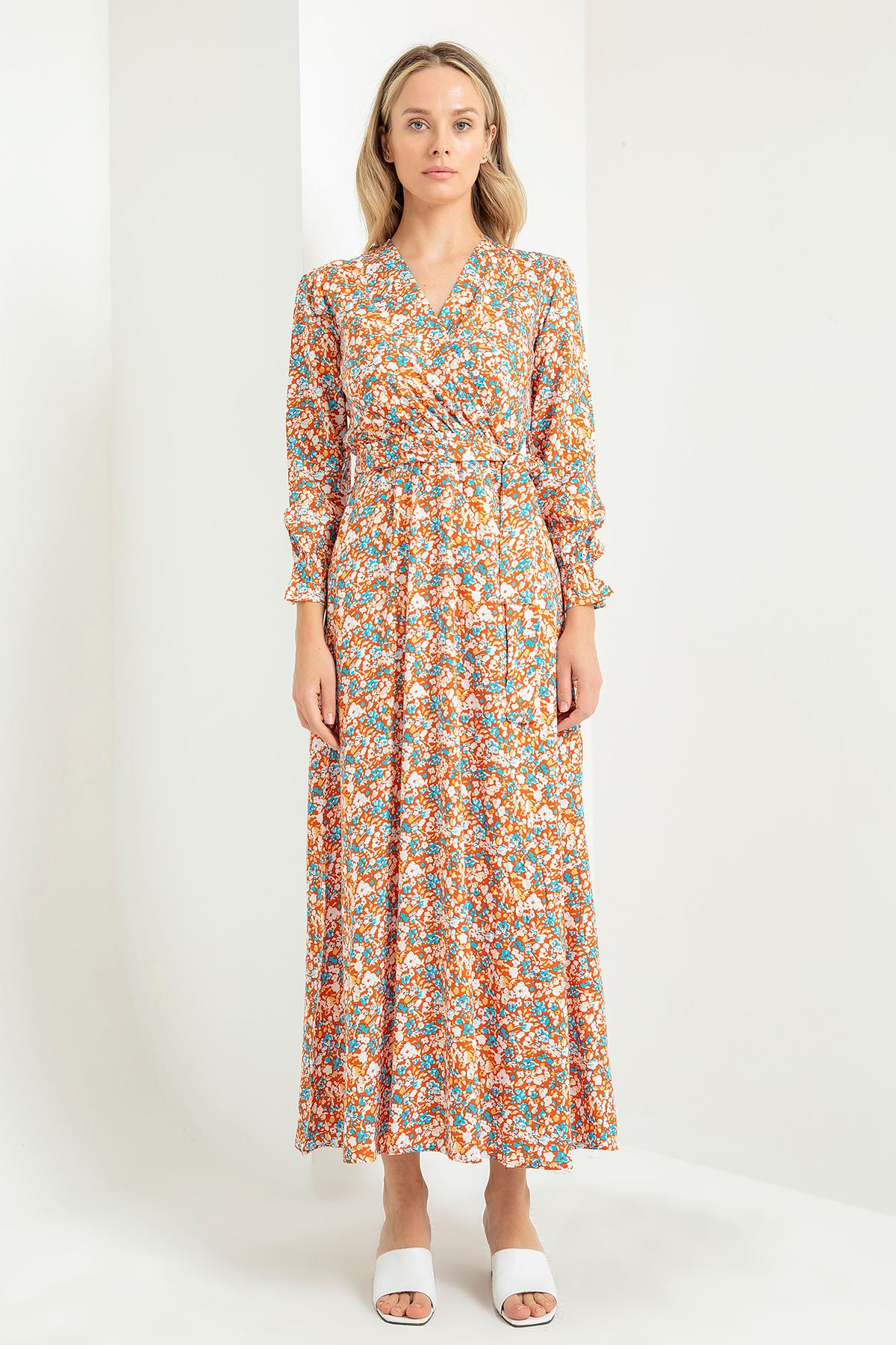 Viscose Fabric Long Sleeve V-Neck Long A Cut Flower Print Belted Women Dress - Orange
