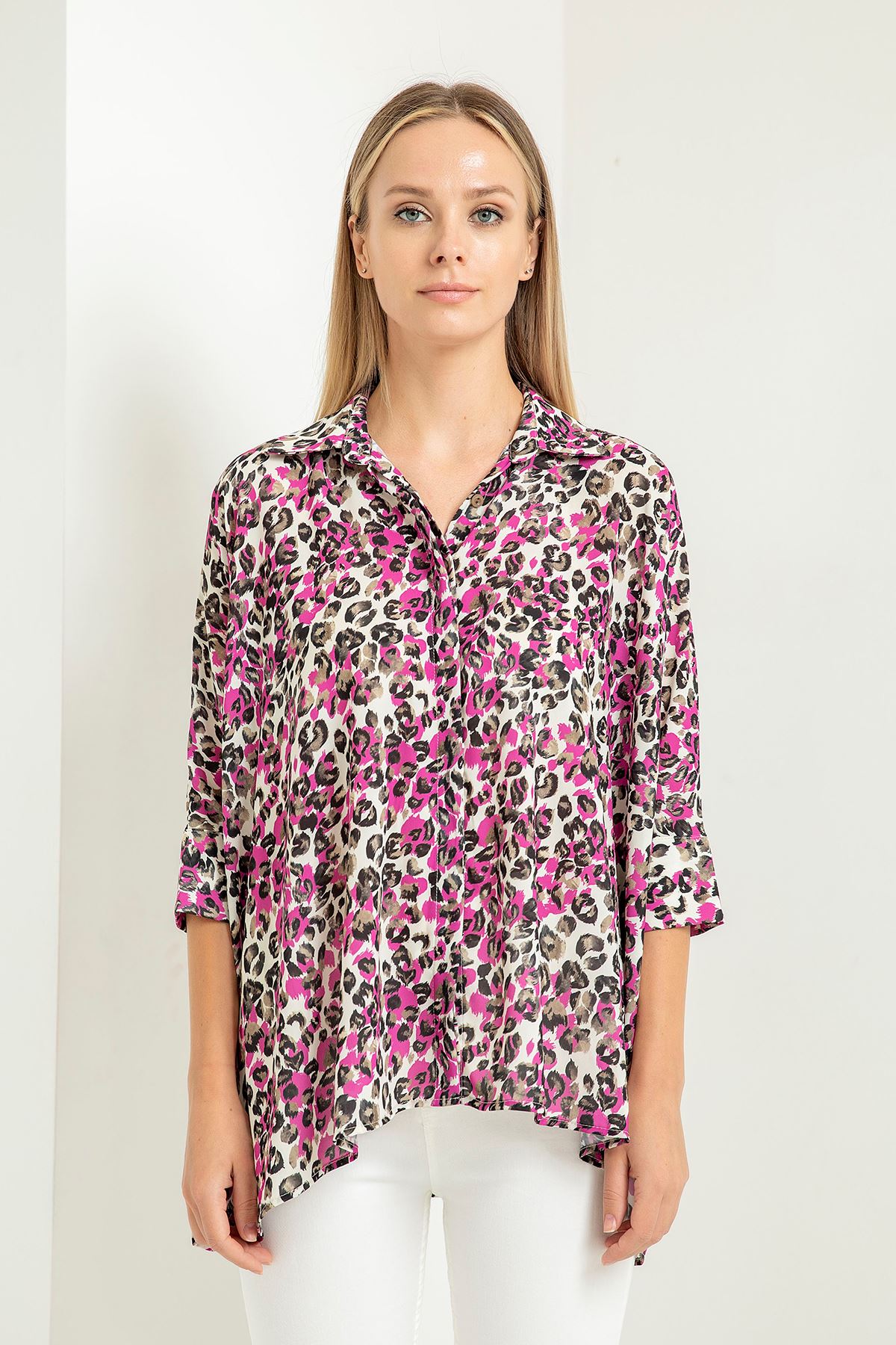 Jesica Fabric Short Hip Height Oversize Leopard Print Women'S Shirt - Fuchıa