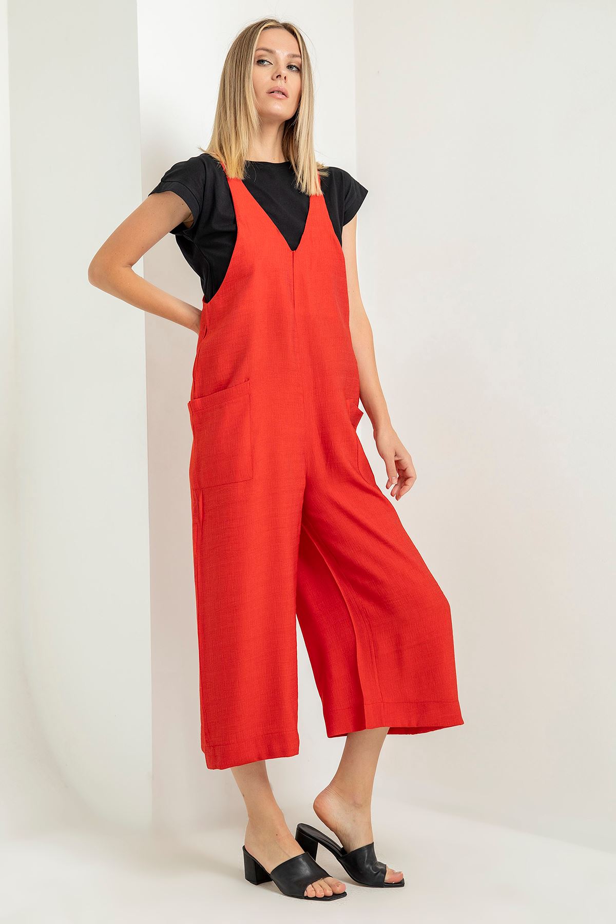 Linen Fabric On The Straps V-Neck Midi Front Pocket Women Overalls - Red