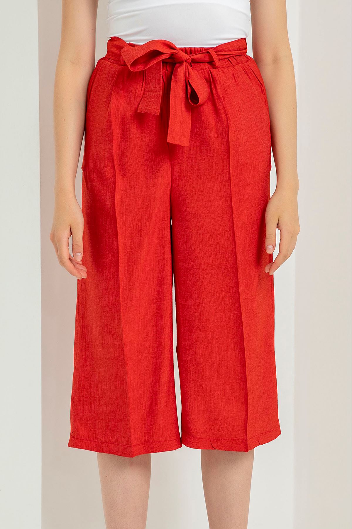 льняный ткань 3/4 длина свободные Женские брюки с поясом - Kрасный