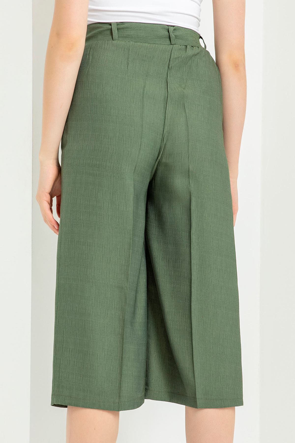 Linen Fabric 3/4 Short Comfy Fit Belted Women'S Trouser - Khaki 