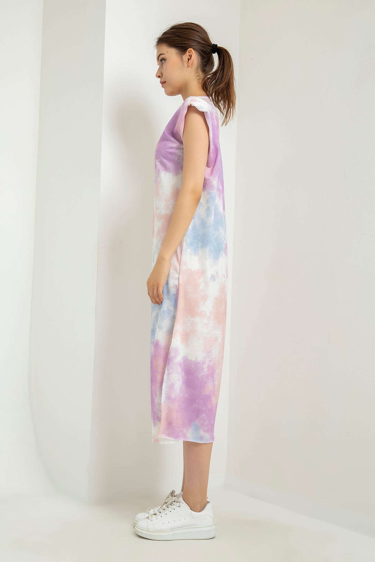 Трикотажная ткань облачный принтженское платье с подплечниками - Лиловый