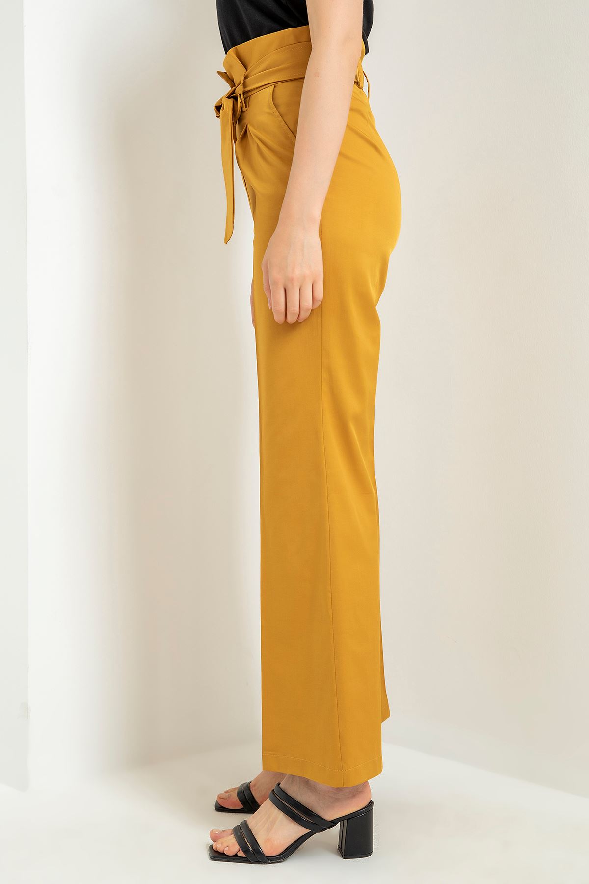 Aerobin Fabric Short Sleeve Ruffled Collar Comfy Fit Women Dress - Mustard