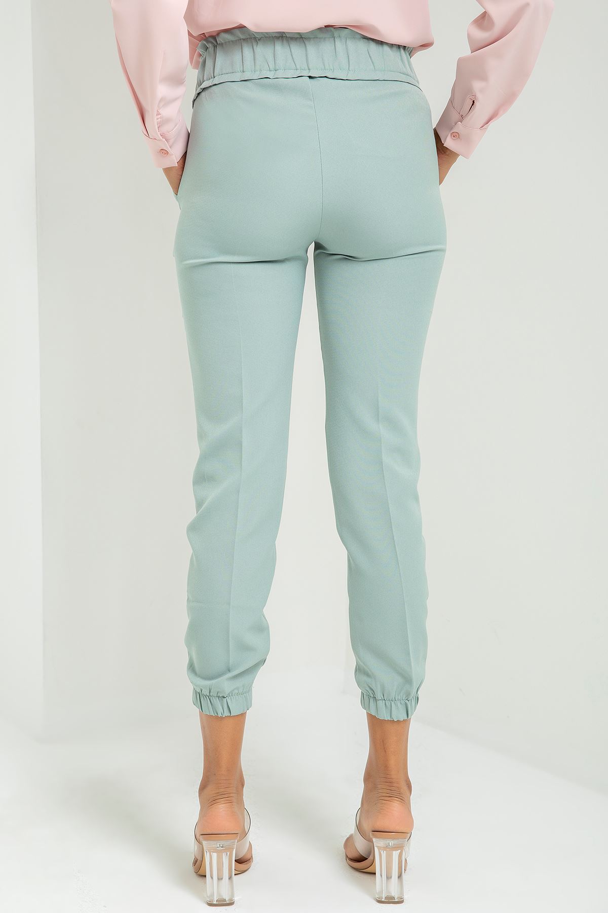 атласный ткань Женские брюки с эластичной резинкой на талии - Ментоловый